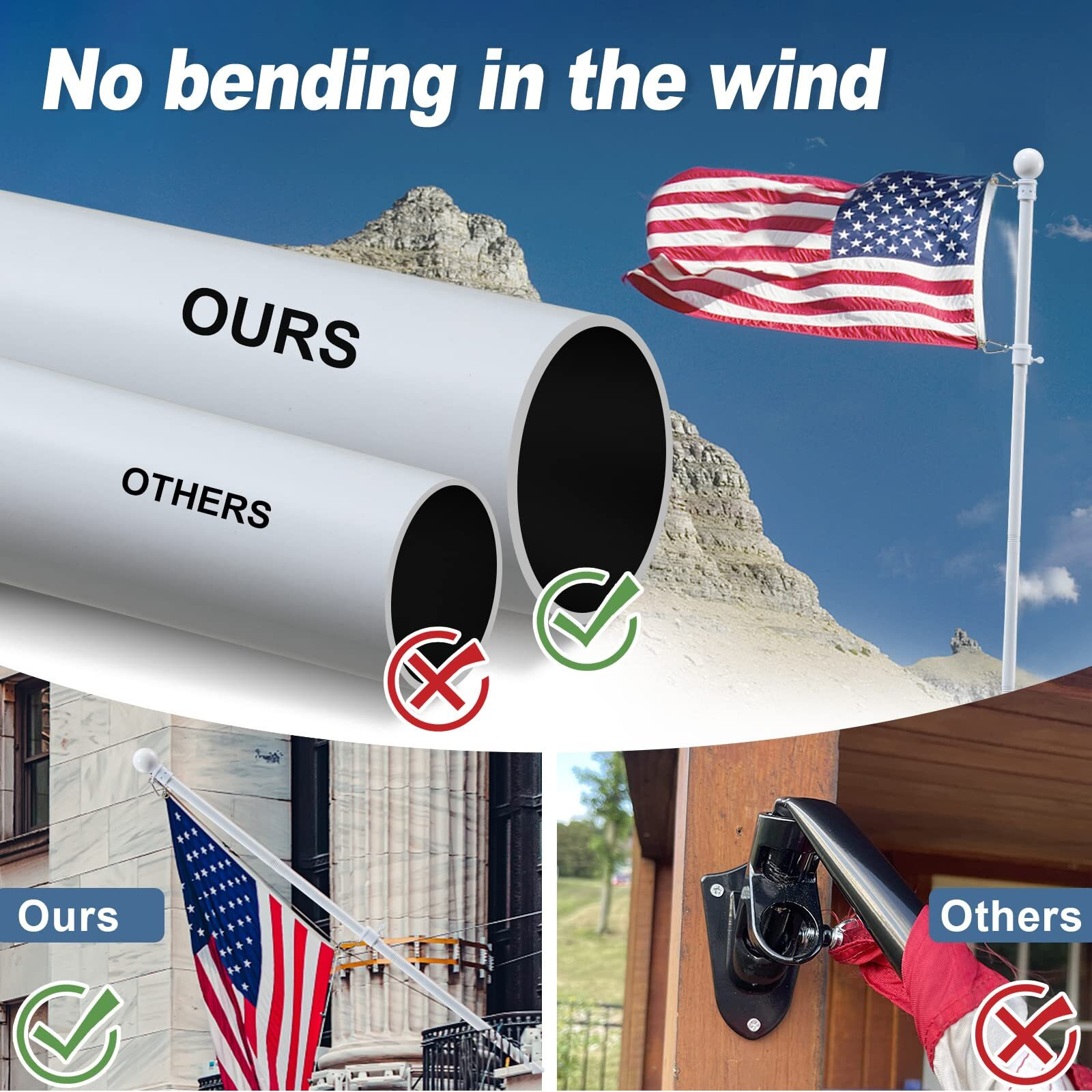 Flag Pole For House With Holder Bracket - 6Ft Tangle Free Flag Poles For Outside House Heavy Duty Flagpole Hardware Kit High Wind Resistant Metal Flagpoles Residential For Outdoor Porch Truck-White