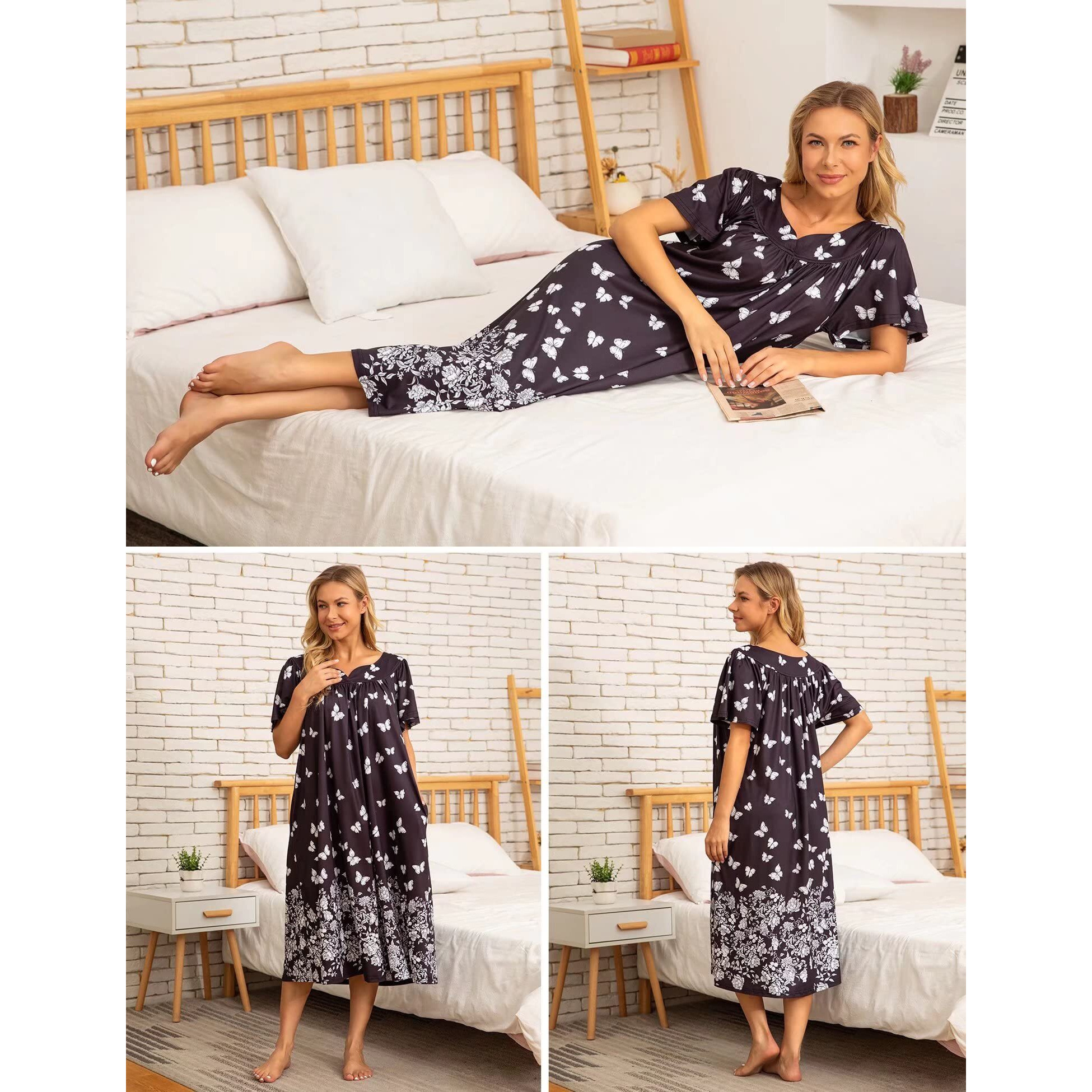 Bloggerlove Womens Lounge Dresses Mumu Dress Nightgown For Grandma Short Sleeve Muumuu Cotton House Coats