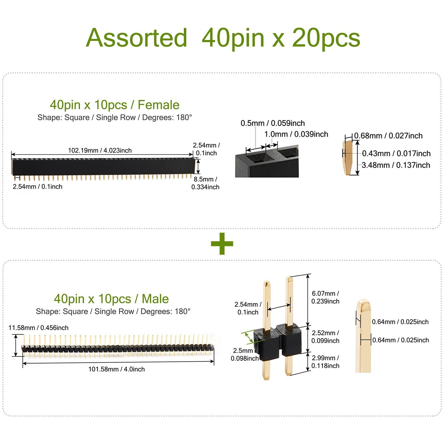 Chanzon Pin Header Strip For Arduino Gpio 40 Pin X 20Pcs Female/Male Pins Straight Single Row Square Pins Assortment Kit Gold Plated Pitch 2.54Mm 0.1 Inch Breakaway Used For Pcb Connector Machine