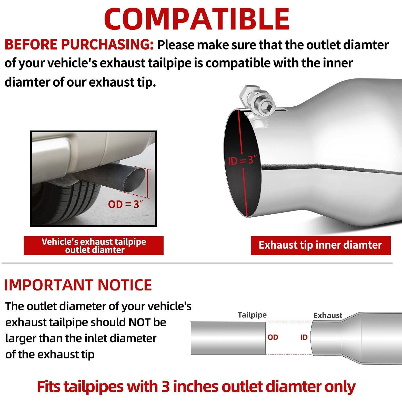 Autosaver88 3 Inch Inlet Exhaust Tip Chrome  3"" Inlet 5"" Outlet 12"" Overall Length Stainless Steel Diesel Exhaust Tail Tip For 3-Inch Outside Diameter Tailpipe  Rolled Angle Cut  Polished  Bolt-On