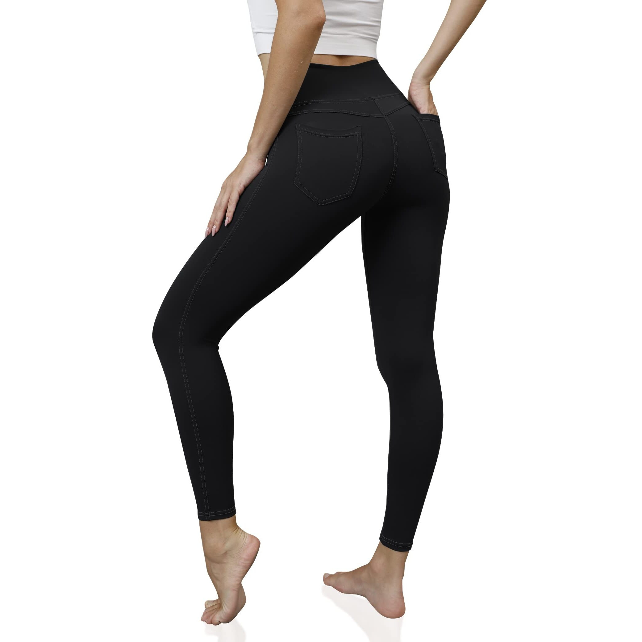Vooveeya Jeggings For Women High Waist  Leggings With Pockets Tummy Control Plus Size Stretchy Jeans Leggings 7/8 (Solid Black-L)