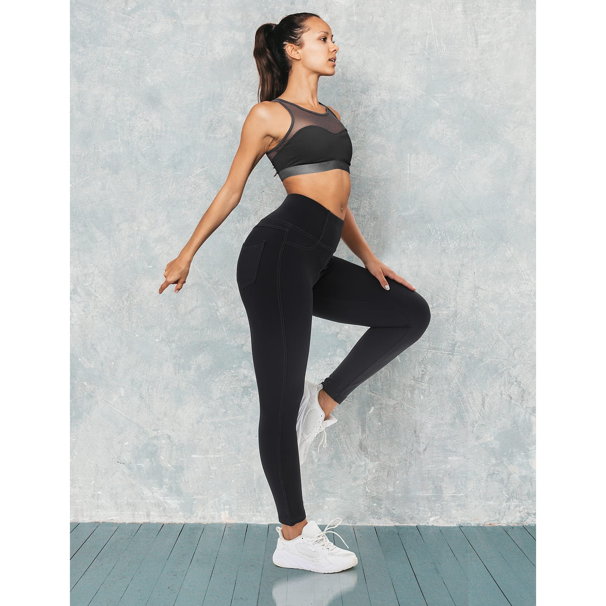 Vooveeya Jeggings For Women High Waist  Leggings With Pockets Tummy Control Plus Size Stretchy Jeans Leggings 7/8 (Solid Black-L)