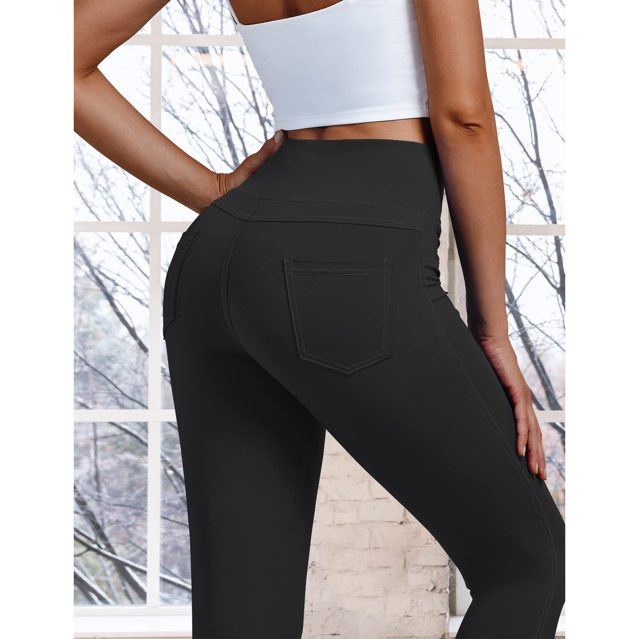 Vooveeya Jeggings For Women High Waist  Leggings With Pockets Tummy Control Plus Size Stretchy Jeans Leggings 7/8 (Solid Black-L)