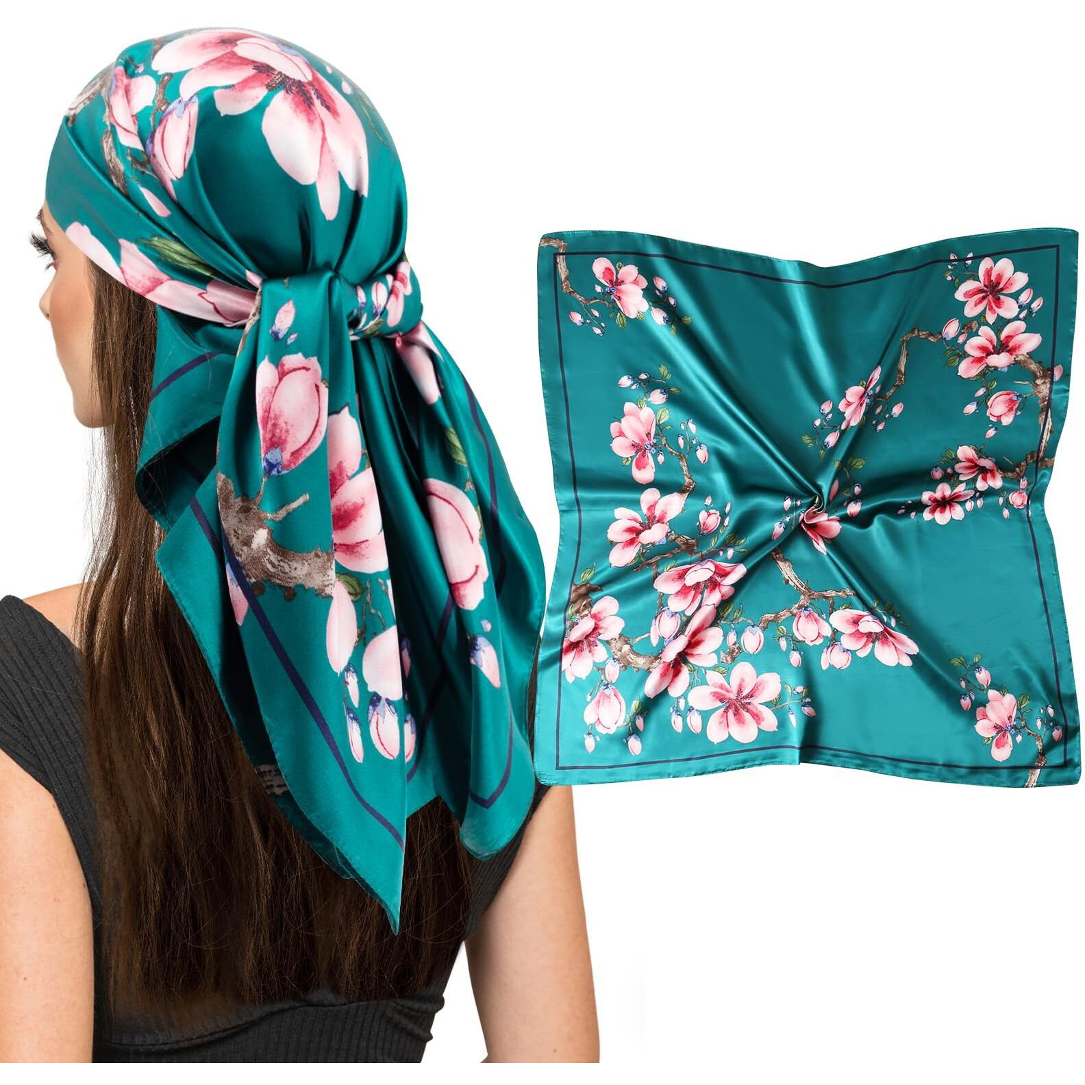 Vimate Floral Silk Scarf  Ladies 35 In Square Green Satin Hair Scarf For Head Sleeping Wrapping At Night (Style-51)