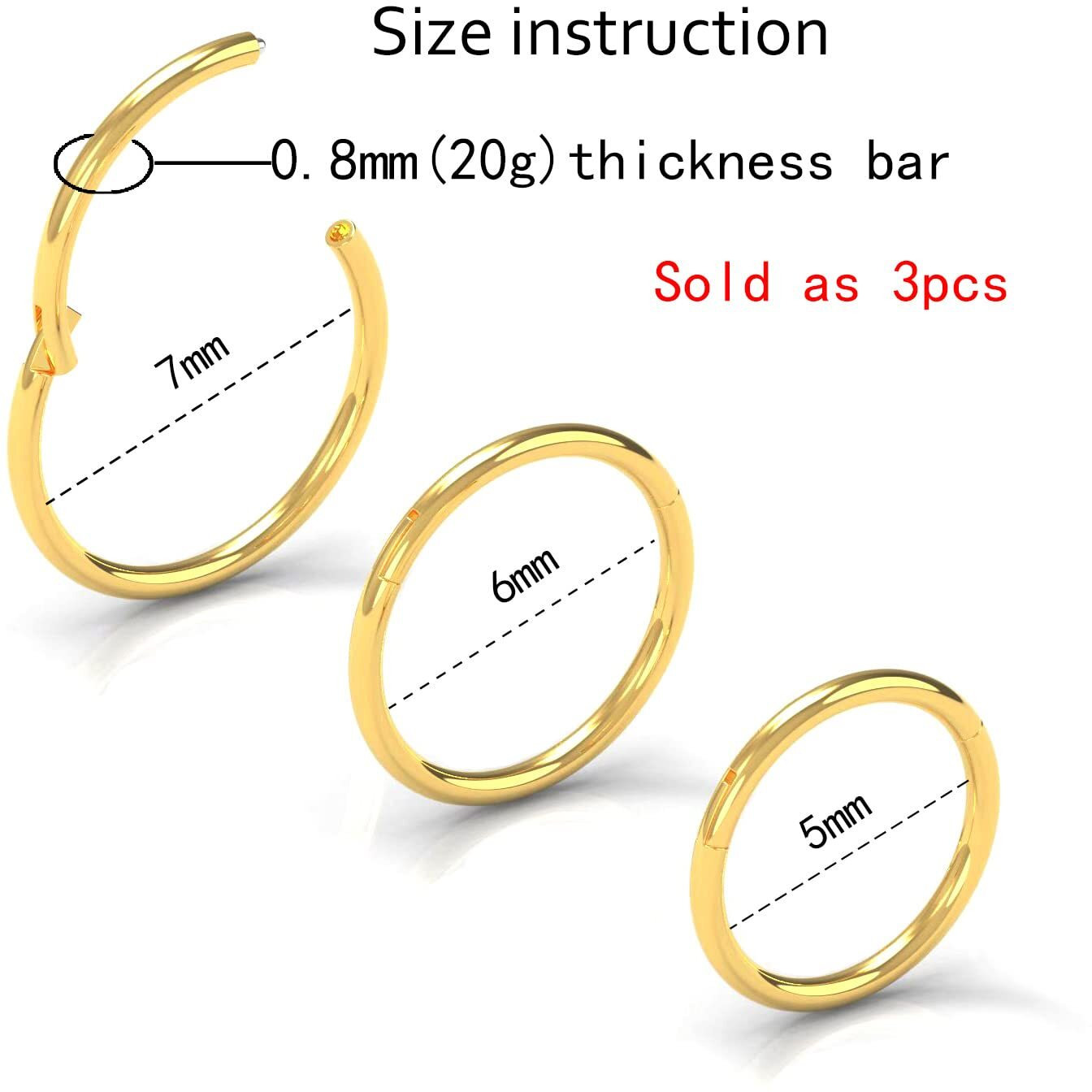 Newkeepsr 3Pcs-0.8Mm Gold Anodised Hinged Clicker Nose Hoop Rings  20 Gauge 316L Steel Seamless Segment Sleeper Earrings Piercing-5/6/7Mm