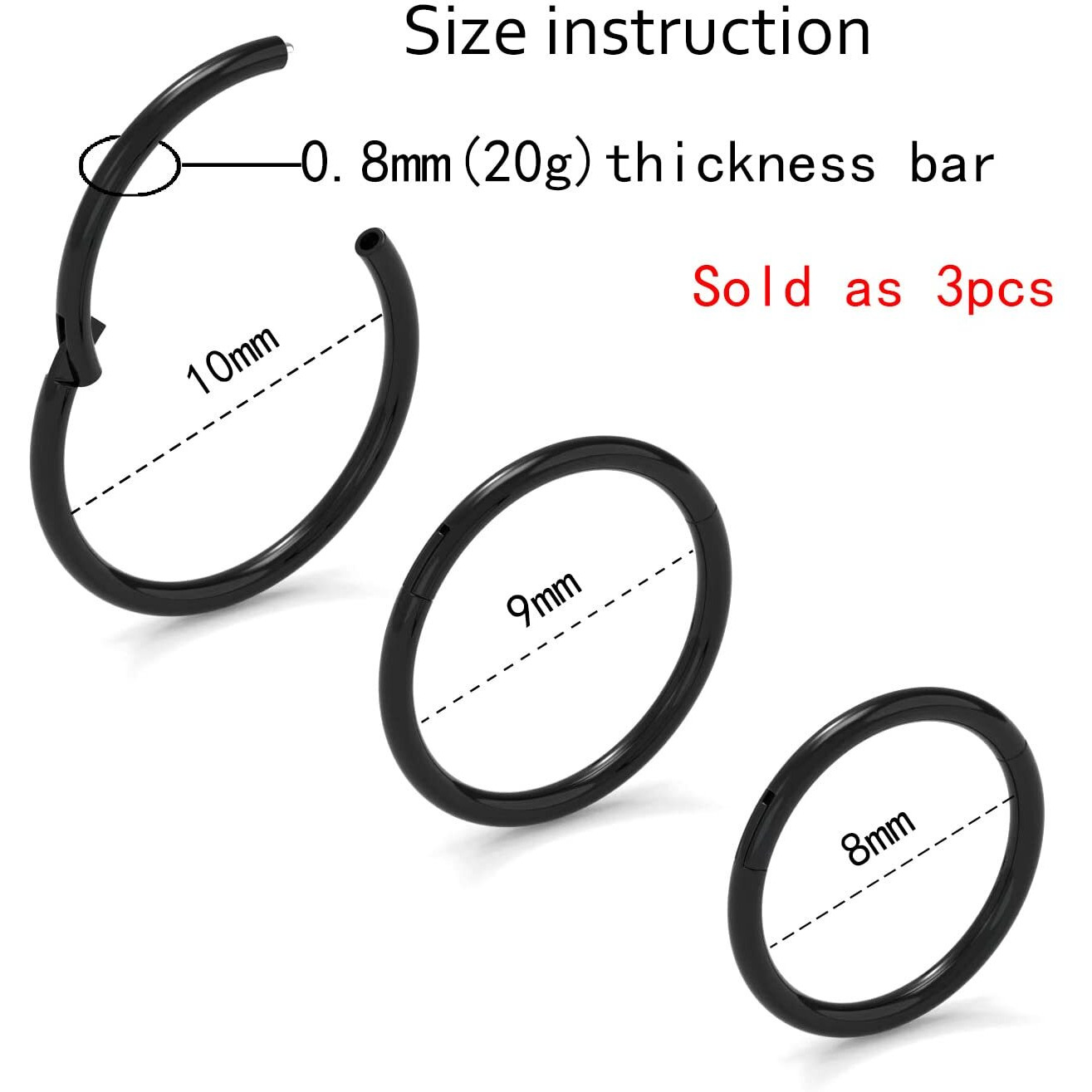 Newkeepsr 3Pcs-0.8Mm Black Anodised Hinged Clicker Nose Hoop Rings  20 Gauge 316L Steel Seamless Segment Sleeper Earrings Piercing-8/9/10Mm