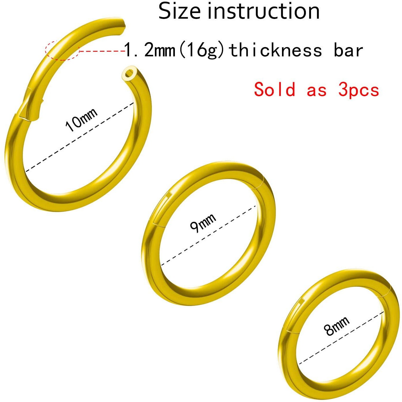 Newkeepsr 3Pcs-1.2Mm Gold Anodised Hinged Clicker Nose Hoop Rings  16 Gauge 316L Steel Seamless Segment Sleeper Earrings Piercing-8/9/10Mm