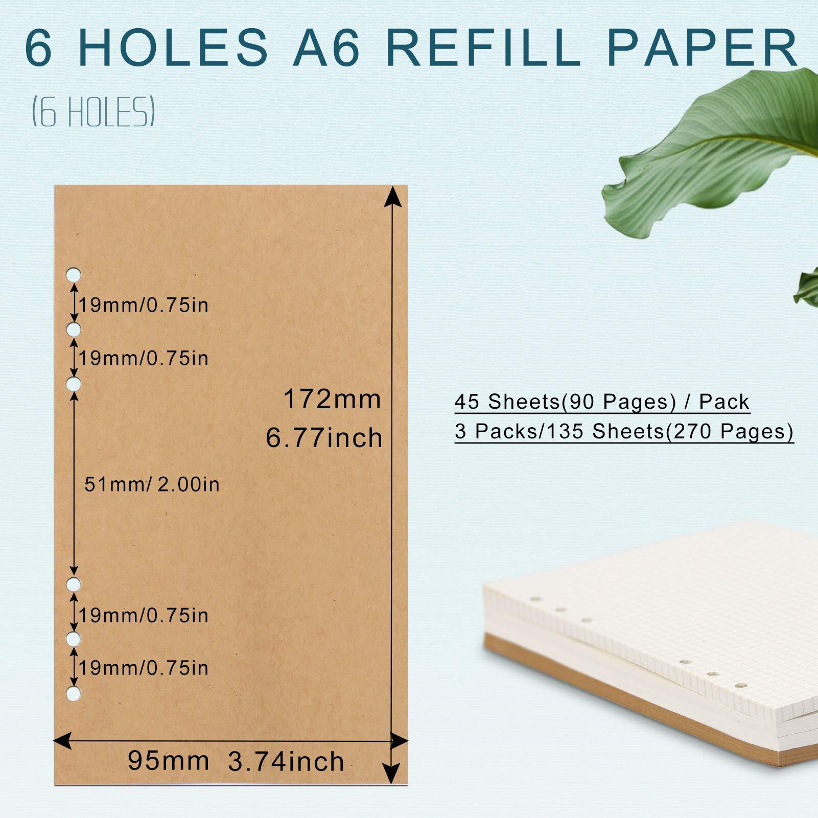 A6 Refill Paper  [3 Pack] Toplive 100Gsm Thick Refillable Paper 6 Hole Filler Inserts Loose Leaf Paper 135 Sheets (270 Pages) For 6 Ring Binder Journal Notebook-Kraft Paper