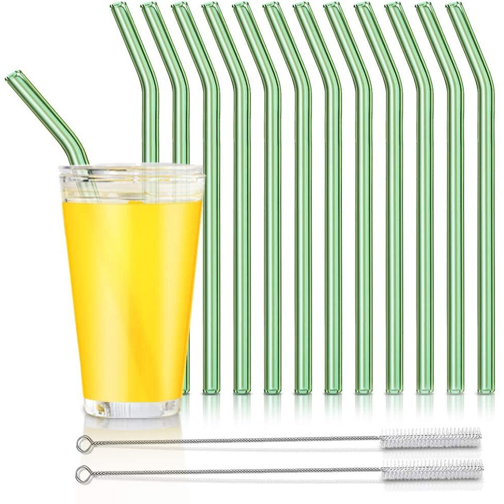 Reusable Glass Straws  Reusable Bent Glass Drinking Straws With 2 Cleaning Brushes  Reusable Straws For Smoothies  Milkshakes  Juice(Green  12 Pack)