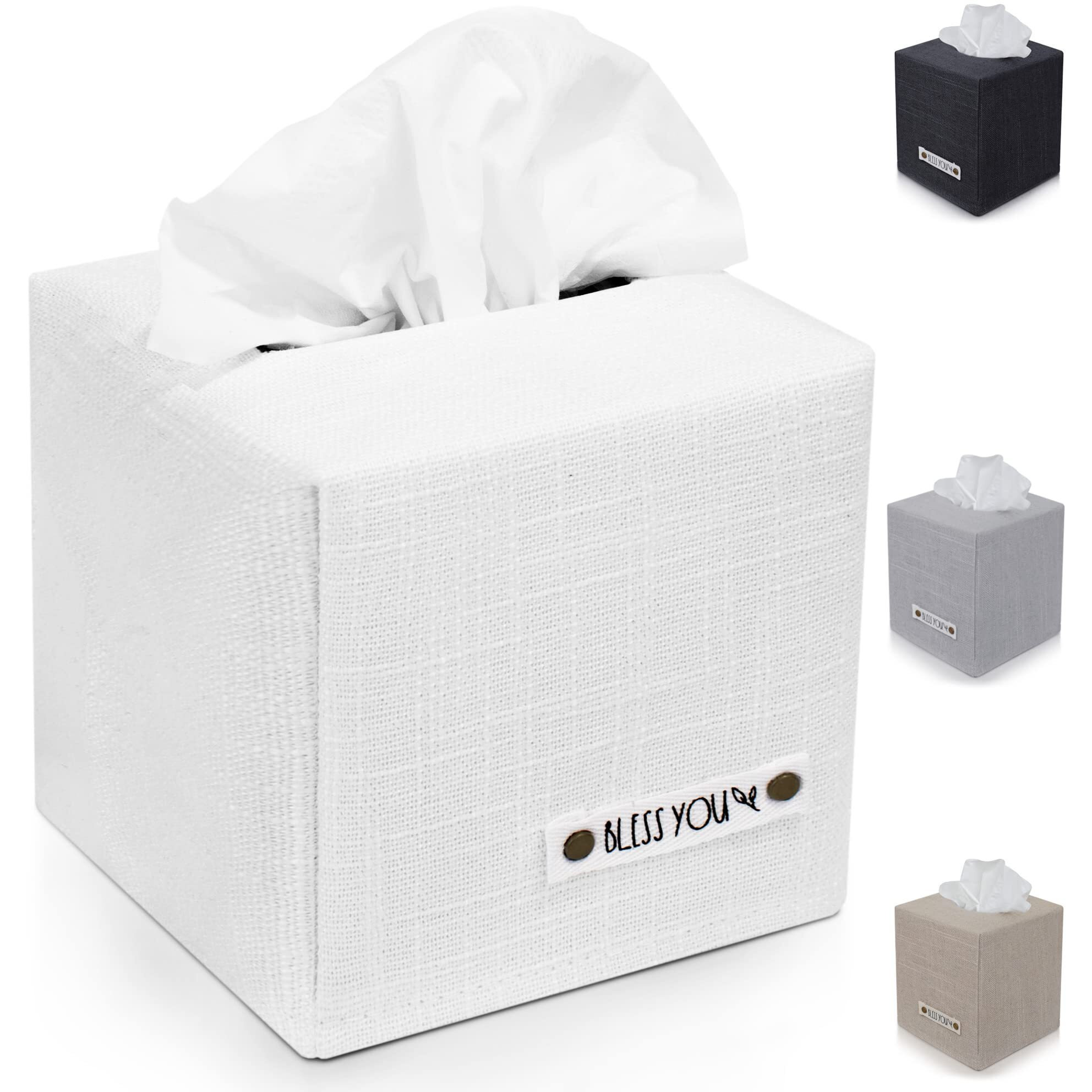 Stylish Tissue Box Cover - This White Linen Holder Instantly Covers Your Square Tissue Boxes - The Perfect Cube Cover For Your Bathroom And Home