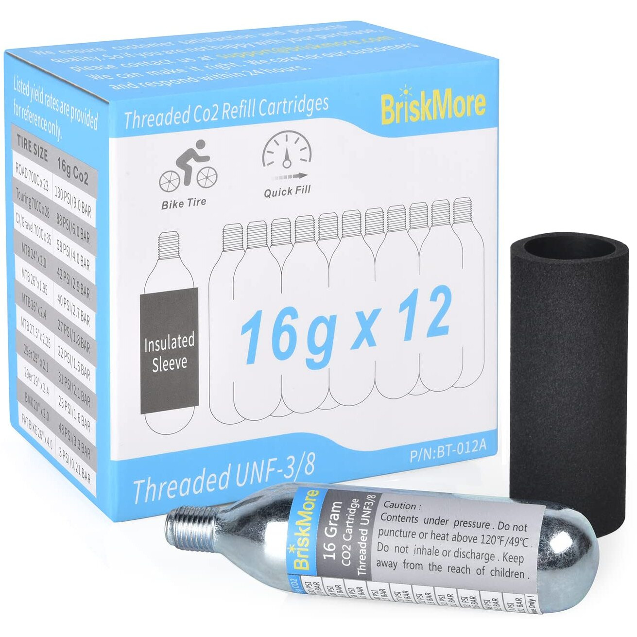 Briskmore Threaded Co2 Cartridges 16G - For All Co2 Bike Tire Inflators With Threaded Connection - Refill For Bicycle Tires - 12Pcs Cartridges  Insulated Sleeve Included Inflator Valve Not Included.