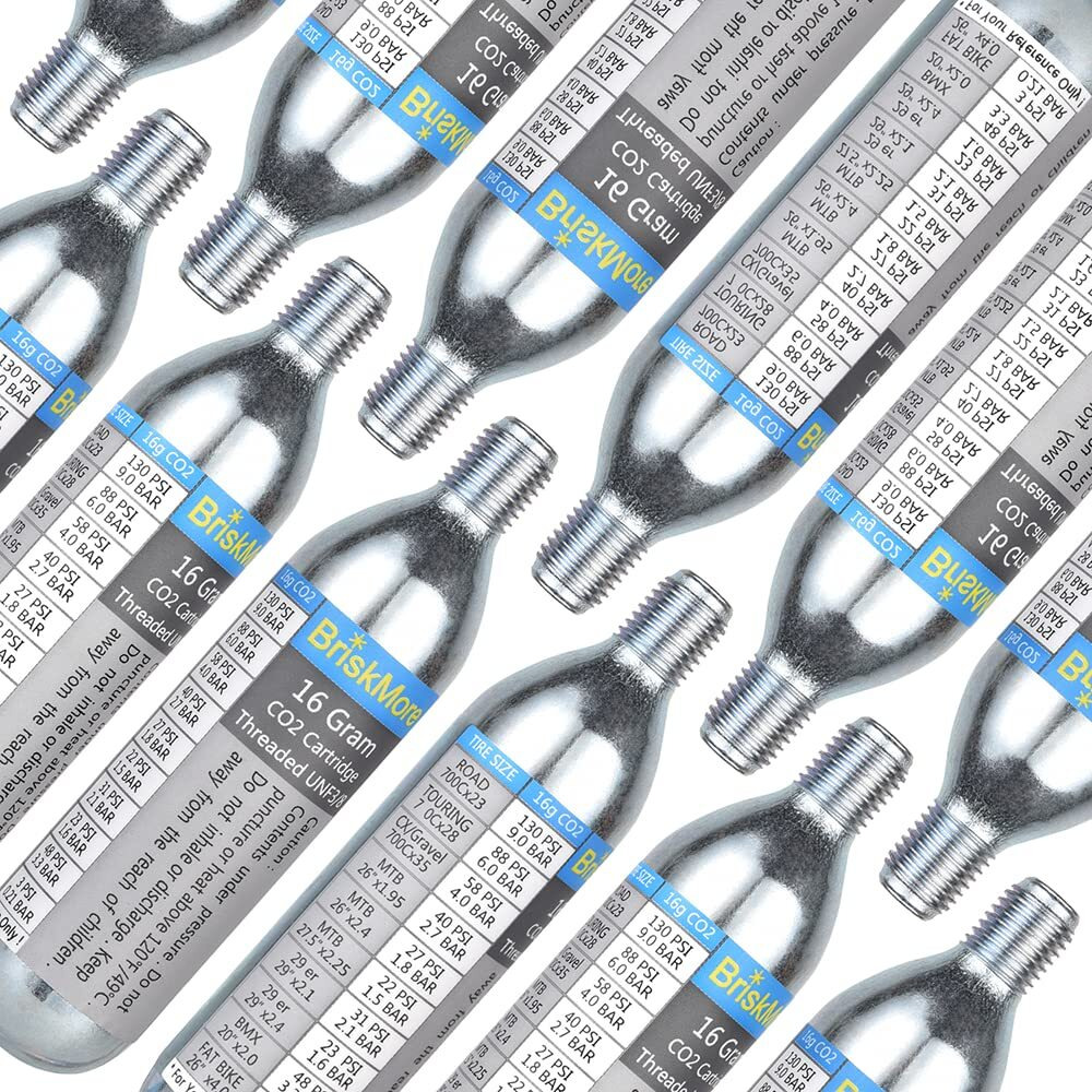 Briskmore Threaded Co2 Cartridges 16G - For All Co2 Bike Tire Inflators With Threaded Connection - Refill For Bicycle Tires - 12Pcs Cartridges  Insulated Sleeve Included Inflator Valve Not Included.