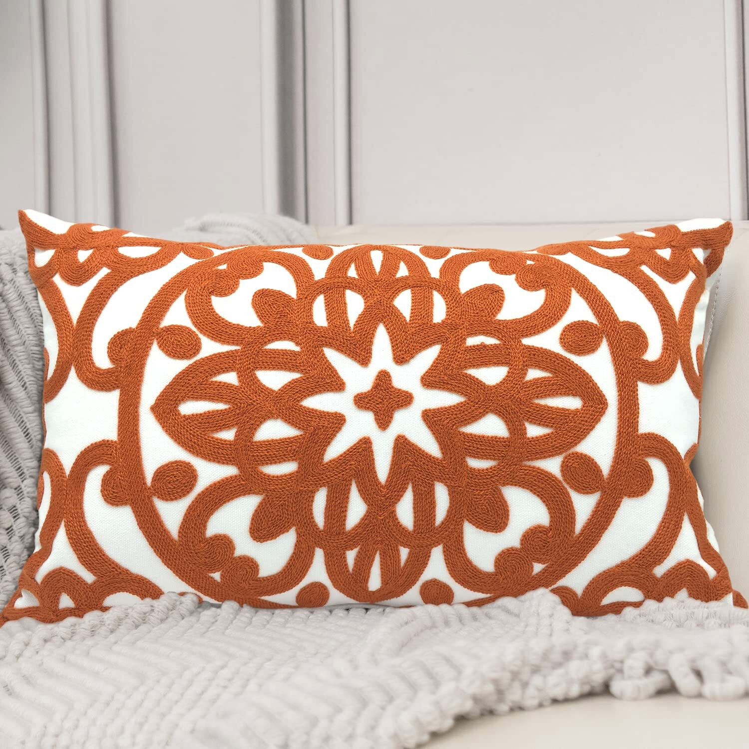 Alysheer Embroidered Lumbar Decorative Throw Pillow Cover 12"&quotX 20""  Classic Boho Mandala Embroidery Pattern Cotton Rectangular Cushion Case For Sofa Couch Living Room Bedroom(Burnt Orange)