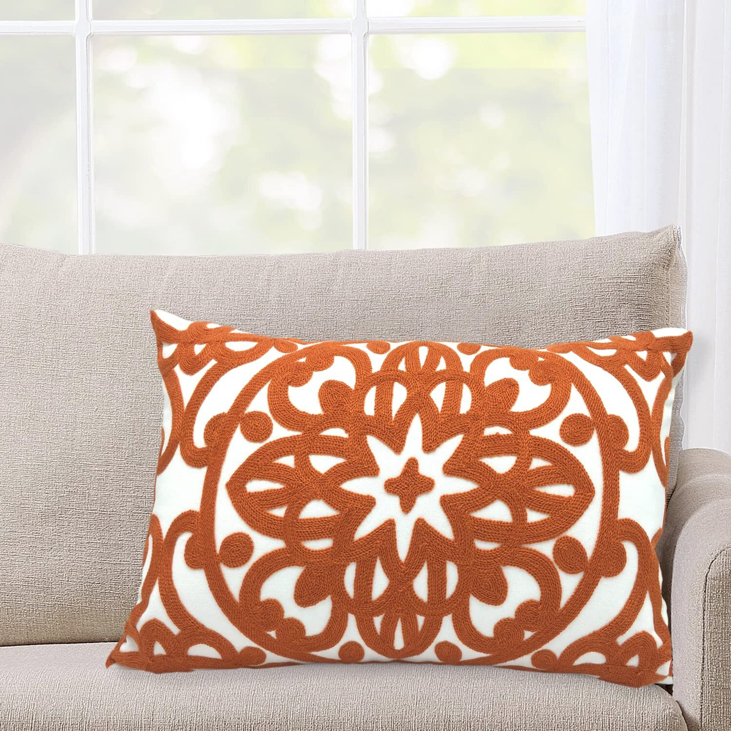 Alysheer Embroidered Lumbar Decorative Throw Pillow Cover 12"&quotX 20""  Classic Boho Mandala Embroidery Pattern Cotton Rectangular Cushion Case For Sofa Couch Living Room Bedroom(Burnt Orange)