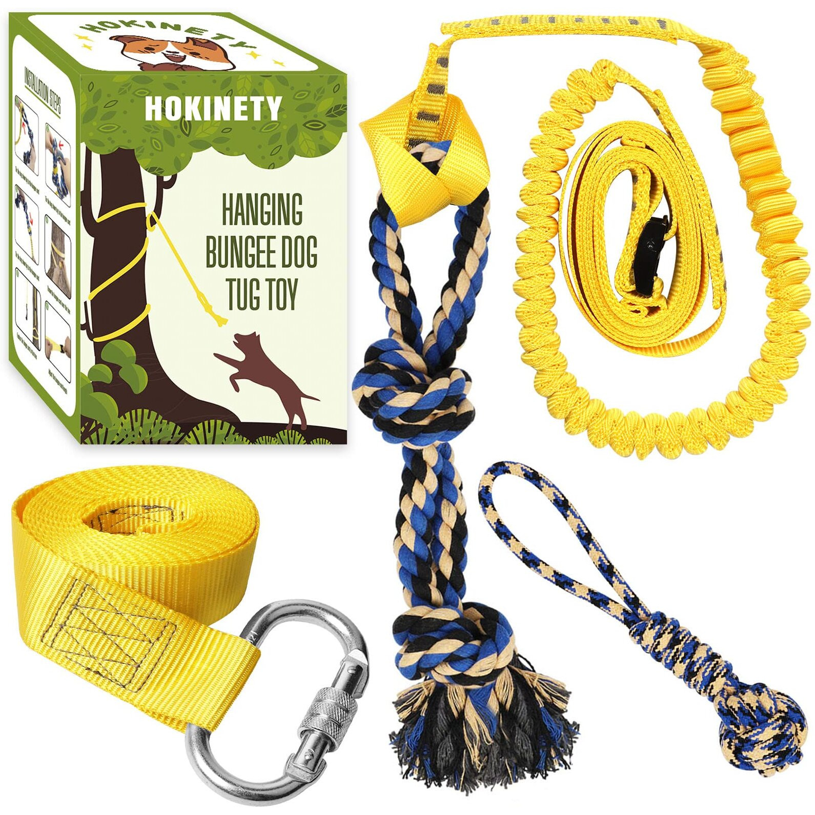 Dog Hanging Bungee Tug Toy Interactive Tether Tug-Of-War For Pitbull & Small To Large Dogs To Exercise And Fun Solo Play - Durable Retractable Tugger Dog Rope Toy With 2 Chew Rope Toys
