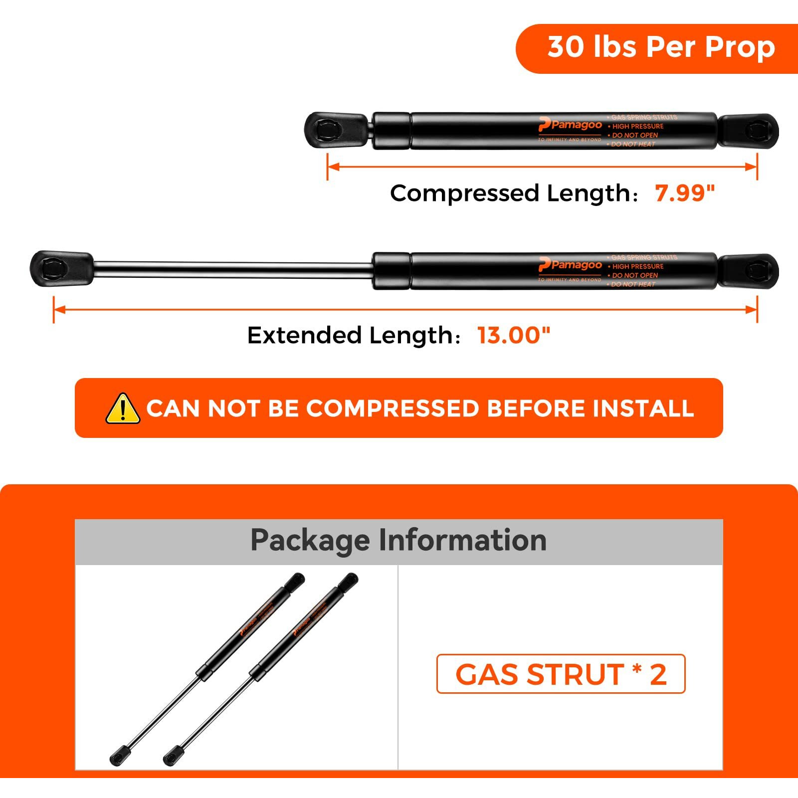 Pamagoo C16-04464 13 Inch Gas Shock 30 Lb 133 N Per Prop  Gas Strut Spring Lift For Snugtop A.R.E Atc Leer Camper Shell Topper Rear Window Canopy Cap (2 Pack)