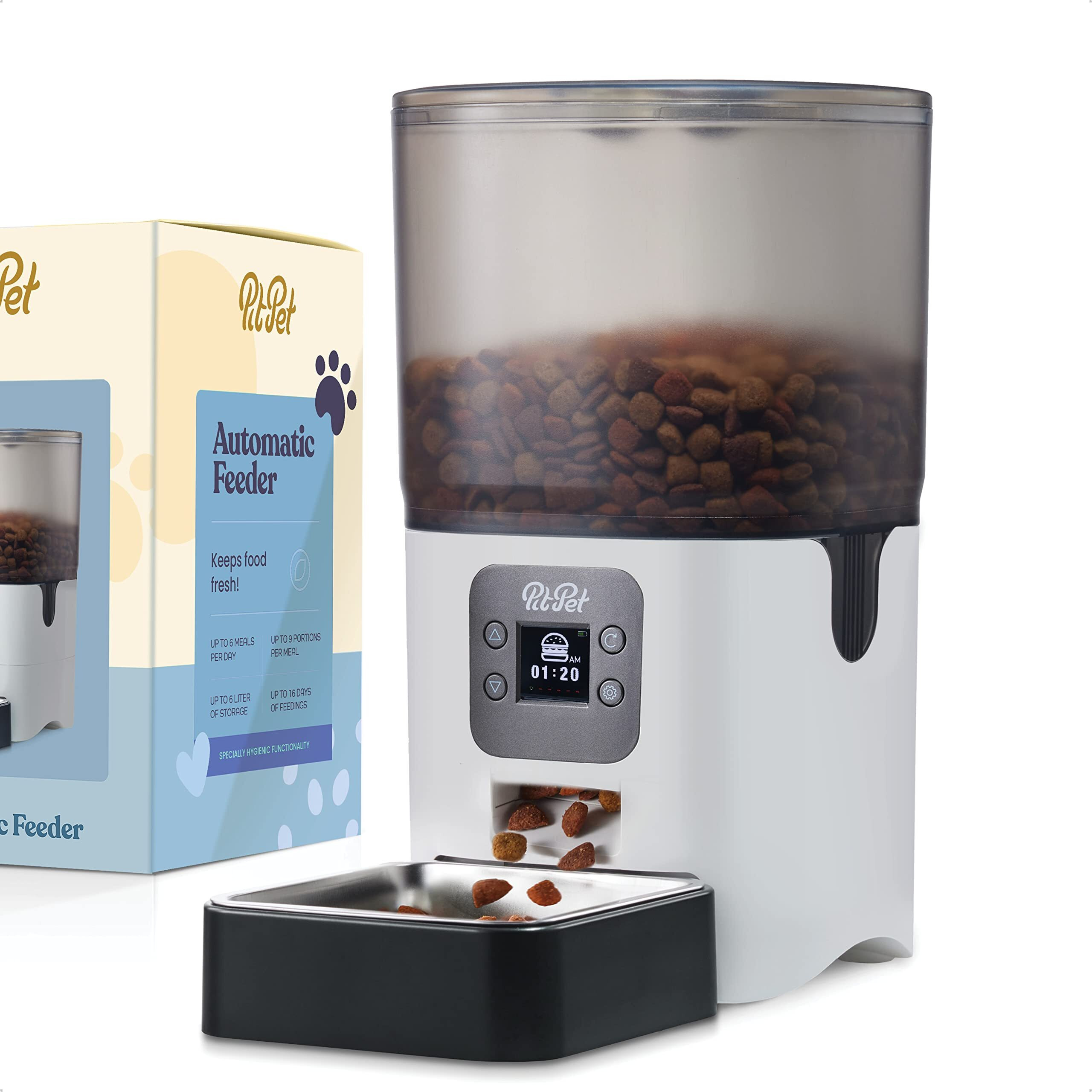 Smart Automatic Cat Feeder - 6-L Reliable Cat Food Dispenser With Display Lcd Screen For Easy Set Up - Portion Control Automatic Dog Feeder With Desiccant Bag Keeps Dry Food Fresh - 10S Voice Recorder