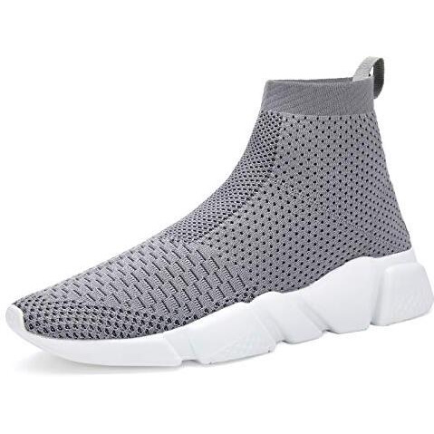 Santiro Mens Gym Shoes Knitted Fashion High Top Slip On Sneakers Lightweight Breathable Athletic Shoes Fashin Tennis Sport Shoes Grey 8.5 Us