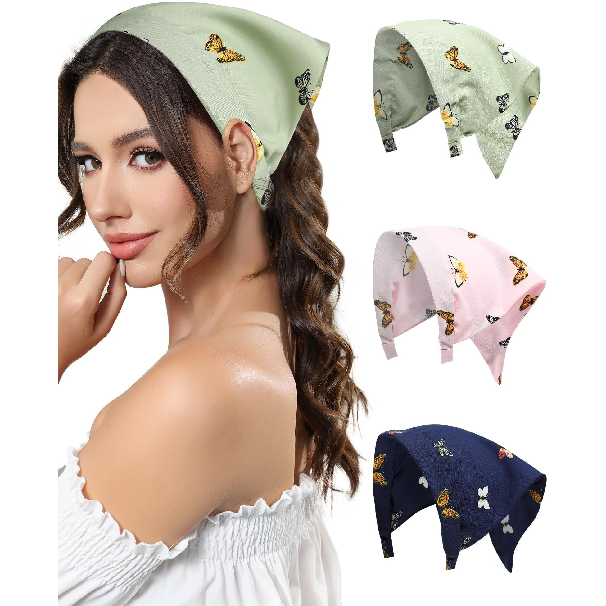 Awaytr 3Pcs Hair Bandana For Women Girls Hair Scarf Headband Bandana Double Layer Triangle Head Kerchief Boho Hair Band (Butterfly - Green/Blue/Pink)