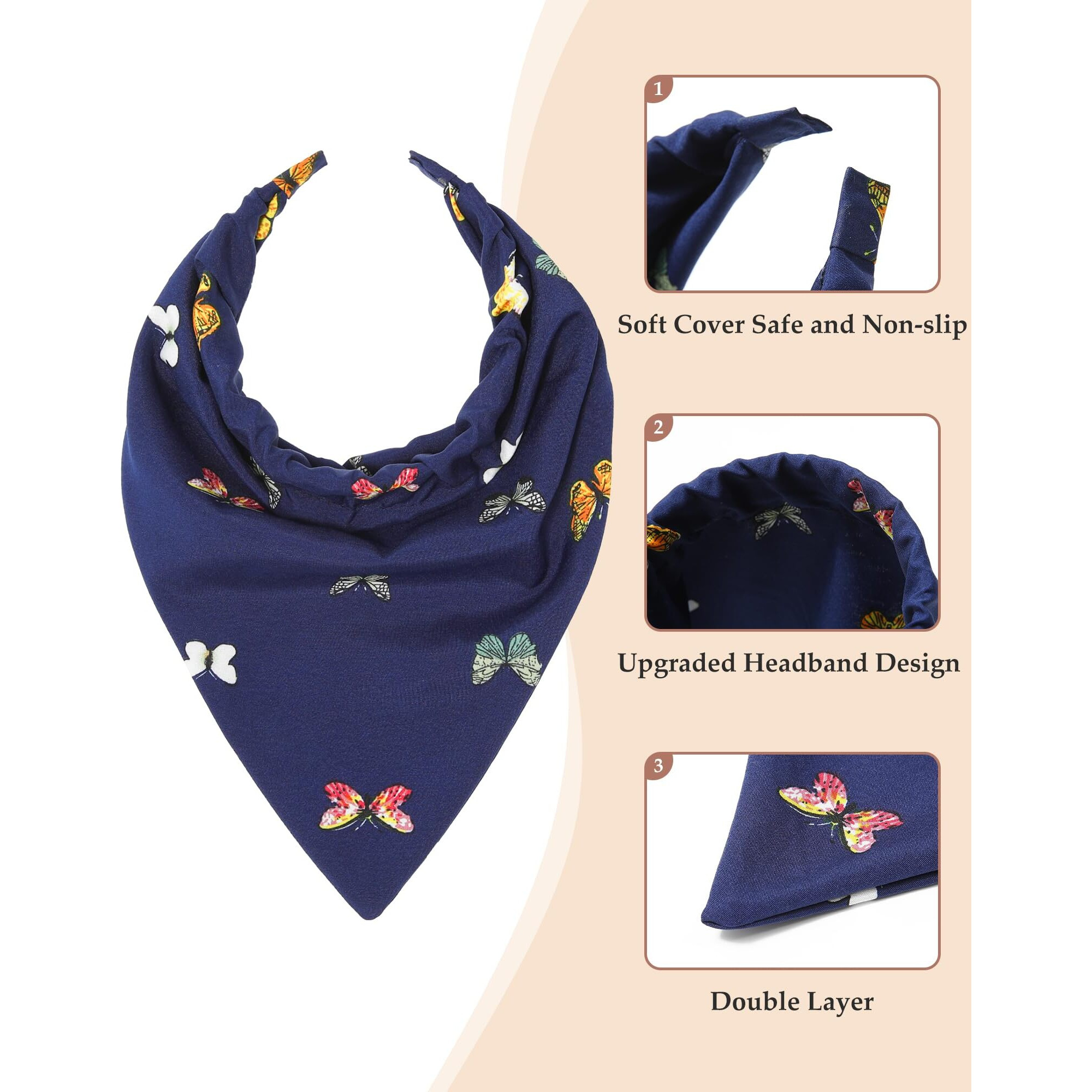 Awaytr 3Pcs Hair Bandana For Women Girls Hair Scarf Headband Bandana Double Layer Triangle Head Kerchief Boho Hair Band (Butterfly - Green/Blue/Pink)