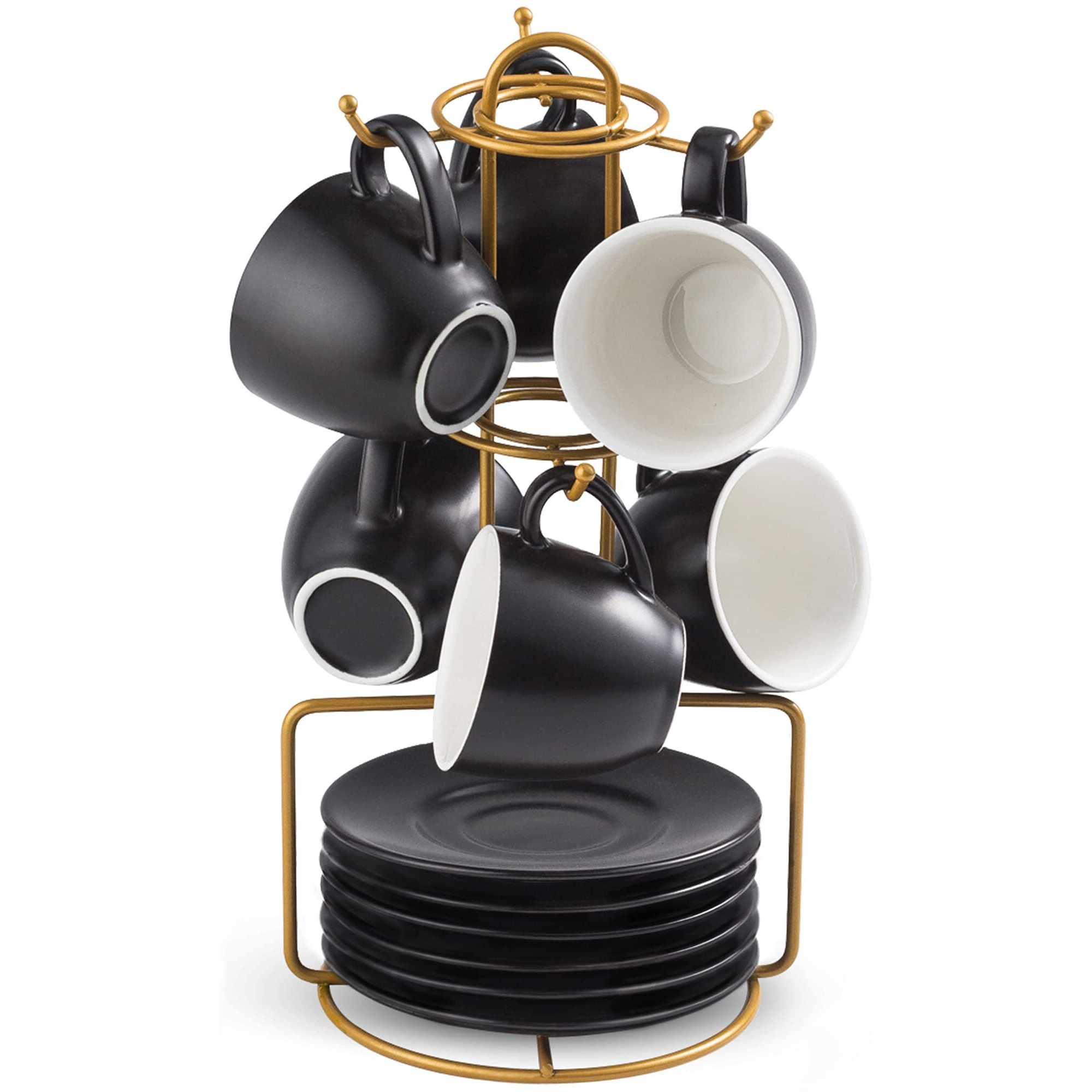 Yhosseun 3 Ounces Espresso Cups With Saucers Set  Porcelain Latte Cups And Metal Stand Demitasse Cups For Espresso  Latte  Cafe Mocha  Cappuccino And Tea  Set Of 6  Black