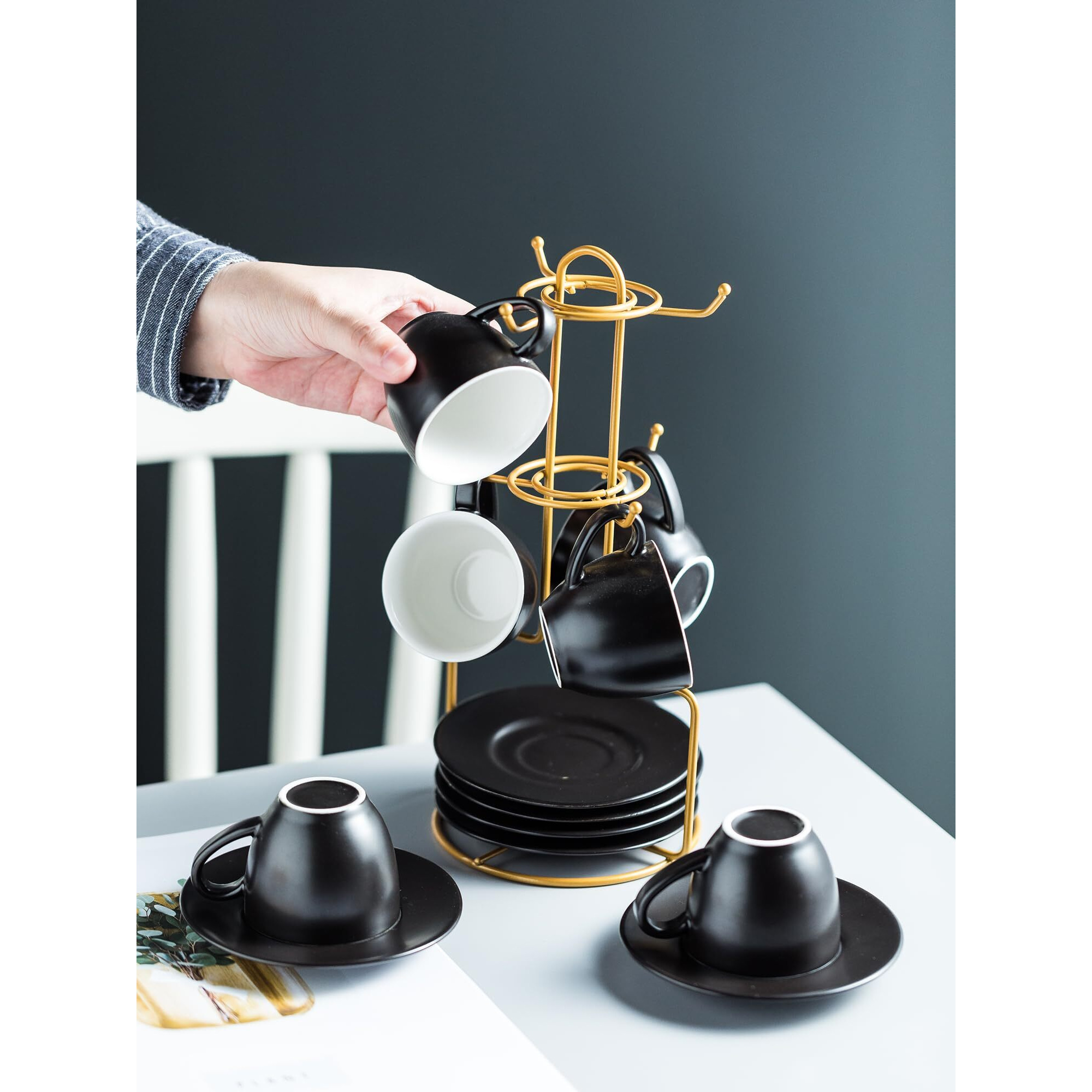 Yhosseun 3 Ounces Espresso Cups With Saucers Set  Porcelain Latte Cups And Metal Stand Demitasse Cups For Espresso  Latte  Cafe Mocha  Cappuccino And Tea  Set Of 6  Black