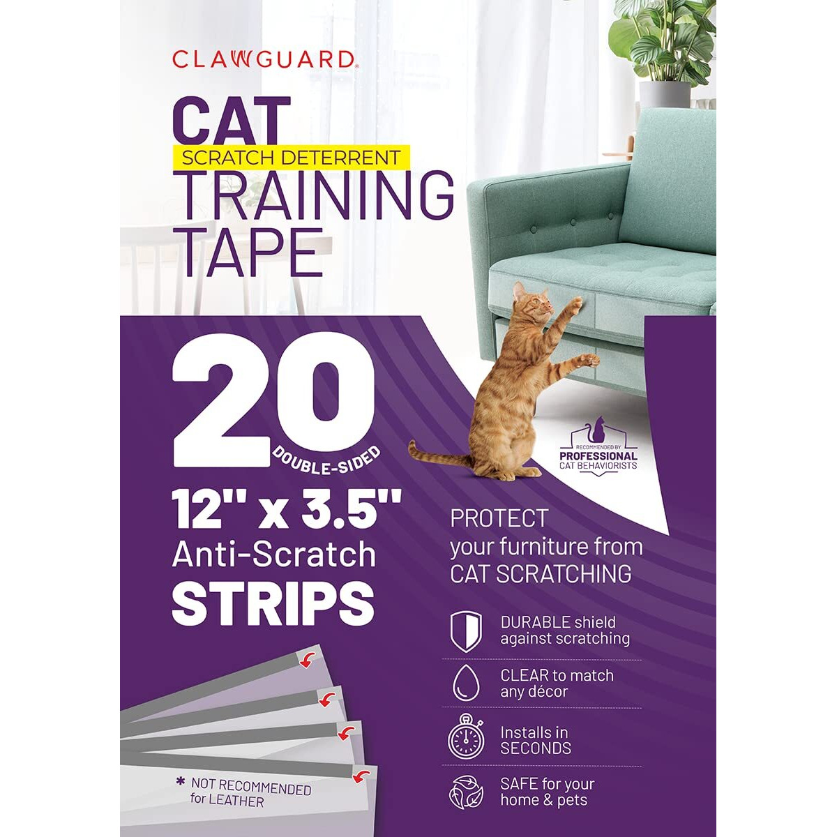 Clawguard Cat Repellant Tape 20 Pre-Cut Strips - Cat Scratch Furniture Protector - Cat Deterrent Tape - Cat Anti Scratch Shields - Cat Scratch Sofa Protection - Sofa Drapes Screens And More