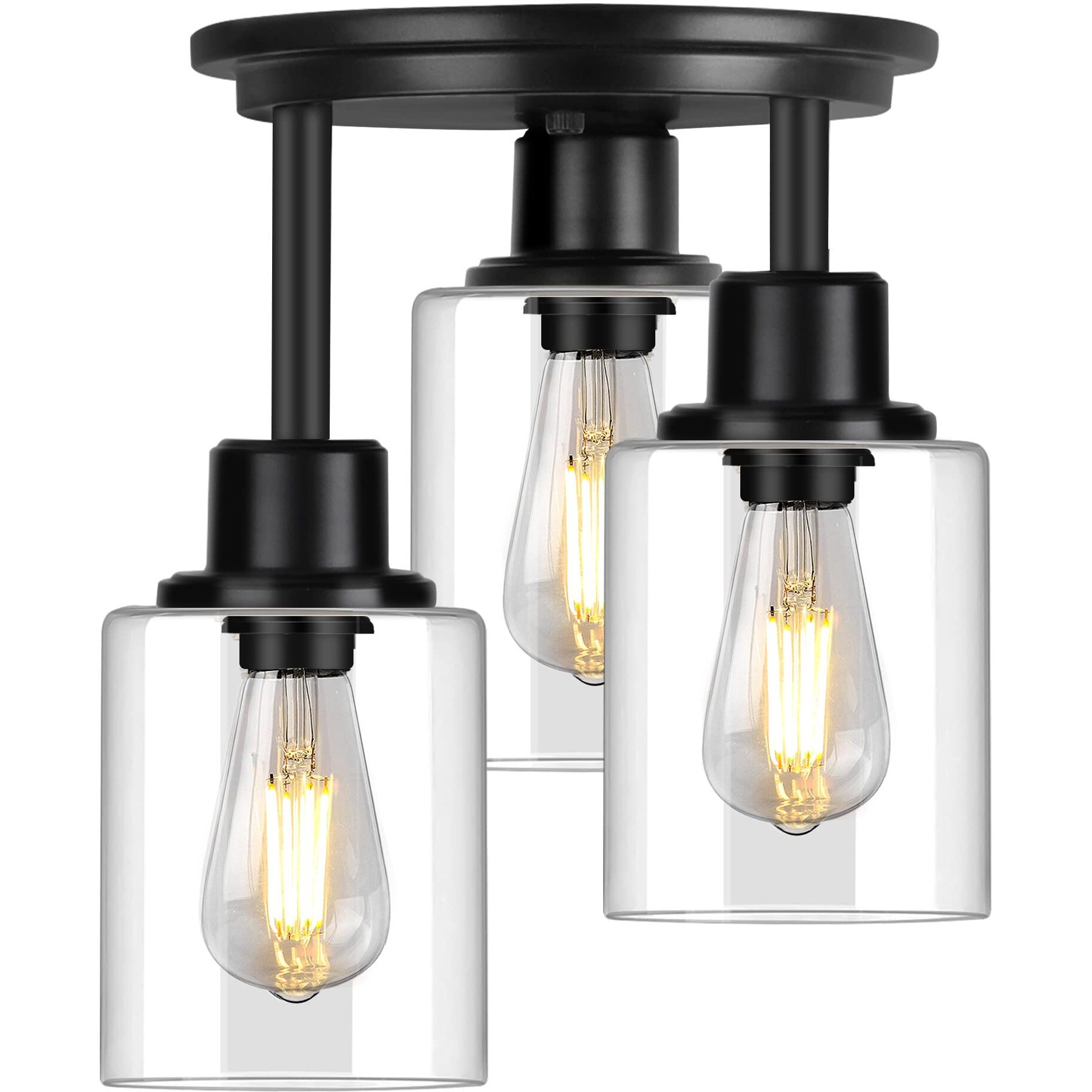 Rottogoon Semi Flush Mount Ceiling Light  3-Light Close To Ceiling Light Fixtures  Matte Black Kitchen Light Fixtures With Clear Glass Shades  Hallway Light Fixtures Ceiling Mount For Foyer Entryway