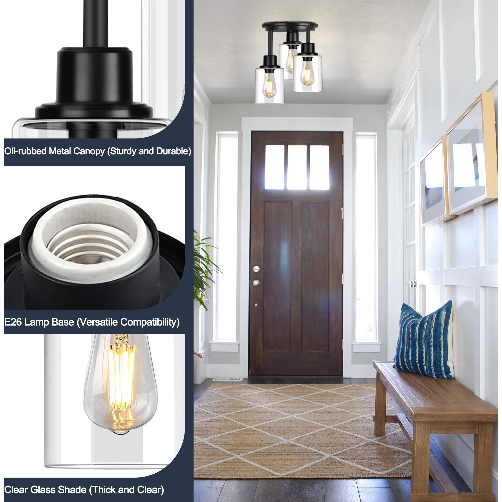 Rottogoon Semi Flush Mount Ceiling Light  3-Light Close To Ceiling Light Fixtures  Matte Black Kitchen Light Fixtures With Clear Glass Shades  Hallway Light Fixtures Ceiling Mount For Foyer Entryway
