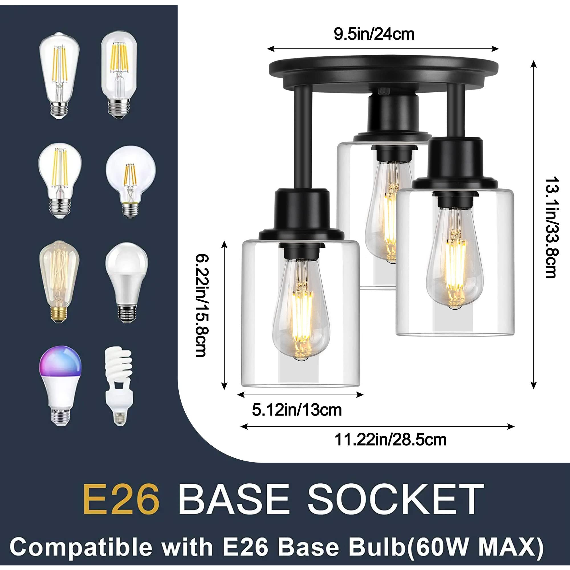 Rottogoon Semi Flush Mount Ceiling Light  3-Light Close To Ceiling Light Fixtures  Matte Black Kitchen Light Fixtures With Clear Glass Shades  Hallway Light Fixtures Ceiling Mount For Foyer Entryway