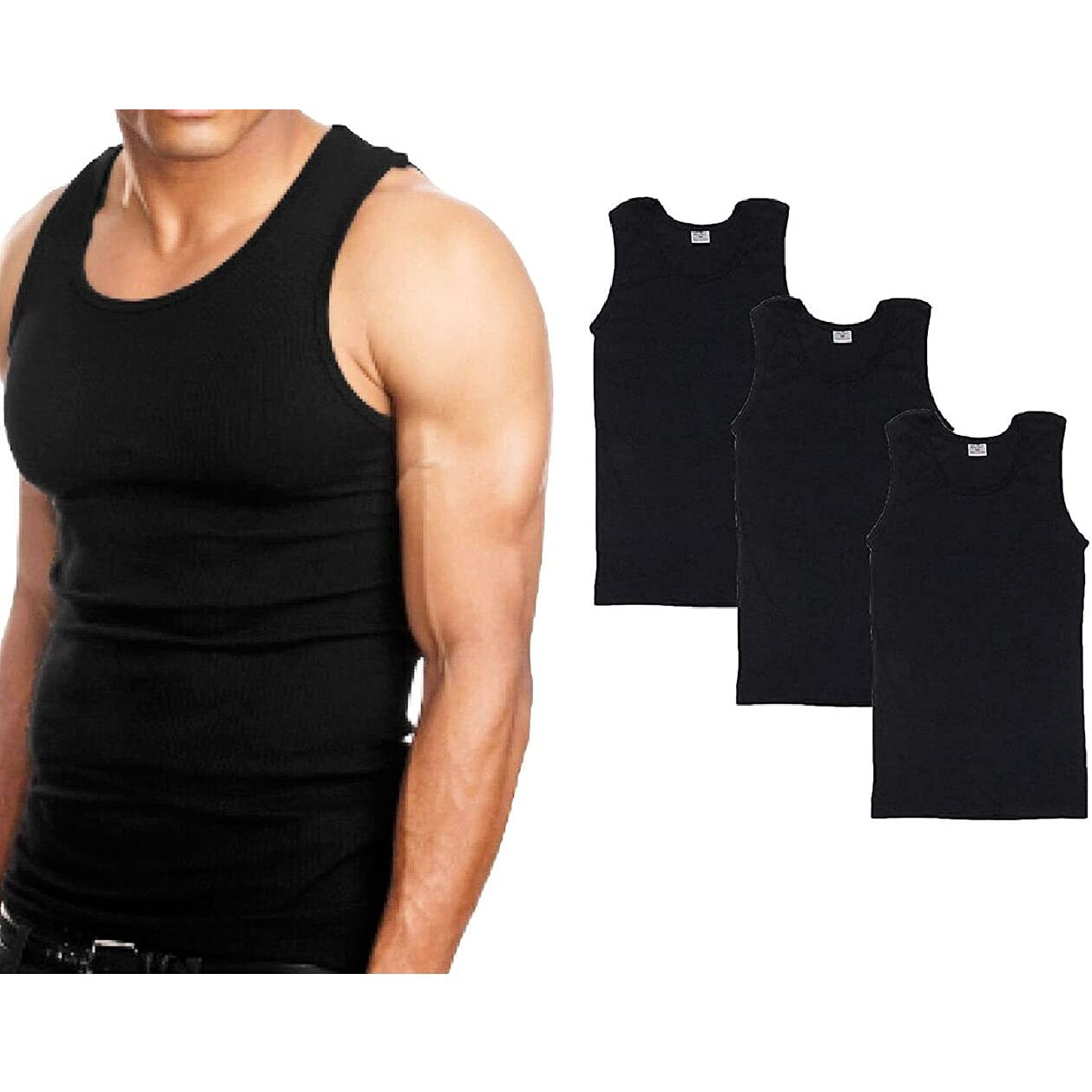 Goyoma 3 Packs Mens 100% Cotton Tank Top White/Black Wife Beater A-Shirt Undershirt (S  Black)