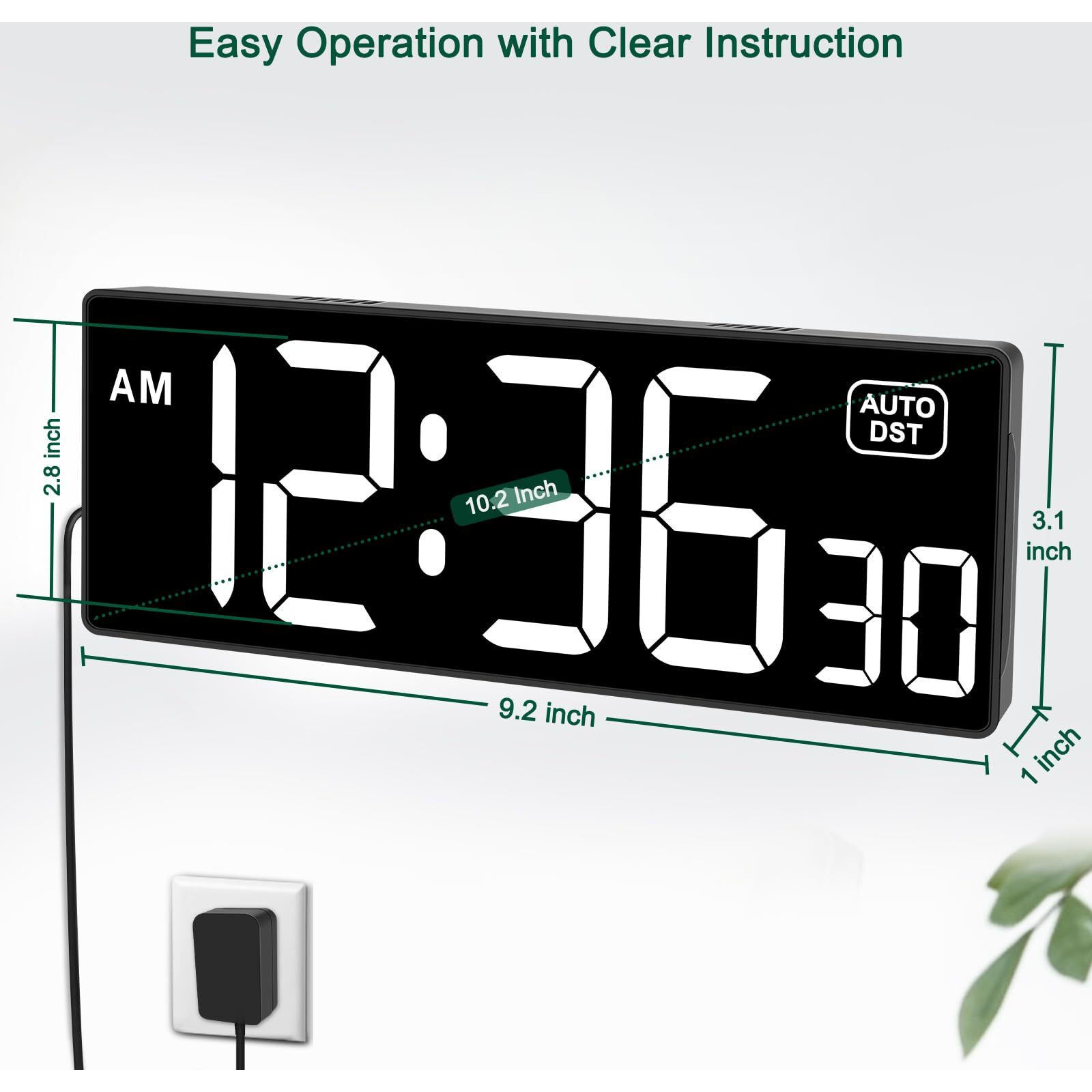 Soobest Led Digital Wall Clock With Seconds  Electric Clock Plug Auto Dst Dimmer Led Large Display 10 Inches (White)