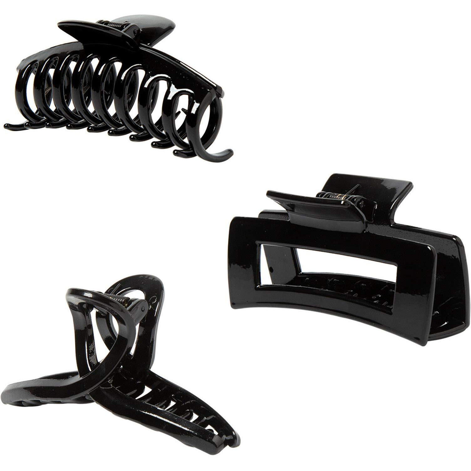Kitiin Black Hair Claw Clips For Thick/Fine/Thin Hair Strong Holding Teeth Interlocking Women Large Jaw Clips For Hair 3 Count In Set (Black Hair Clips)