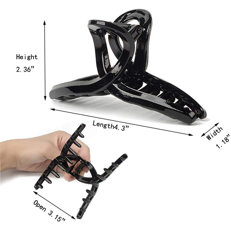 Kitiin Black Hair Claw Clips For Thick/Fine/Thin Hair Strong Holding Teeth Interlocking Women Large Jaw Clips For Hair 3 Count In Set (Black Hair Clips)
