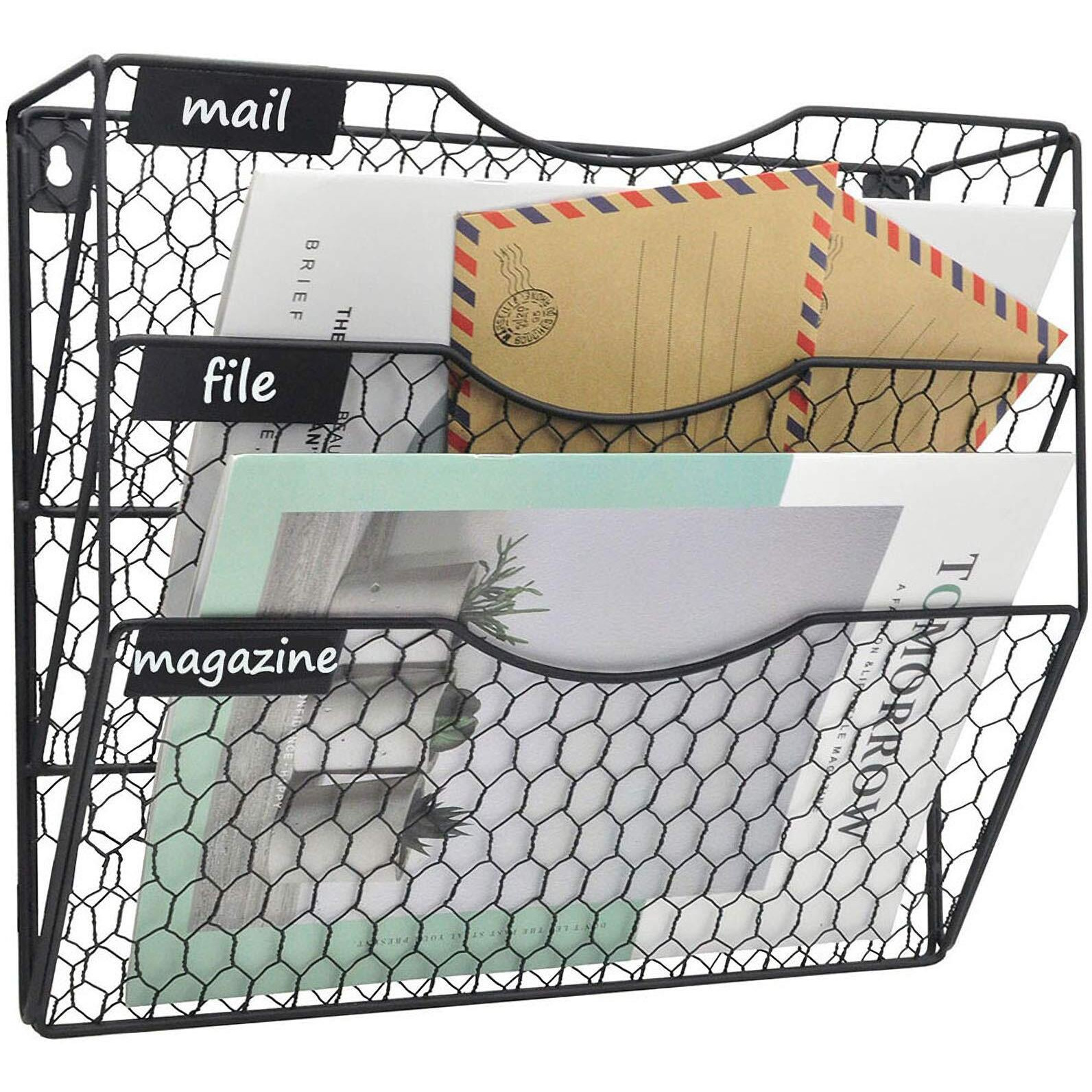 Easepres Mail Organizer Wall Mount Hanging File Holder Storage  Metal Chicken Wire Magazine Rack 3 Tier  Black