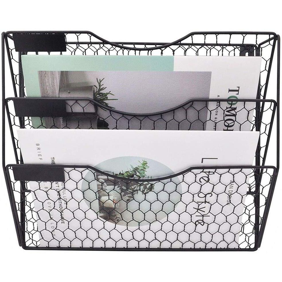 Easepres Mail Organizer Wall Mount Hanging File Holder Storage  Metal Chicken Wire Magazine Rack 3 Tier  Black