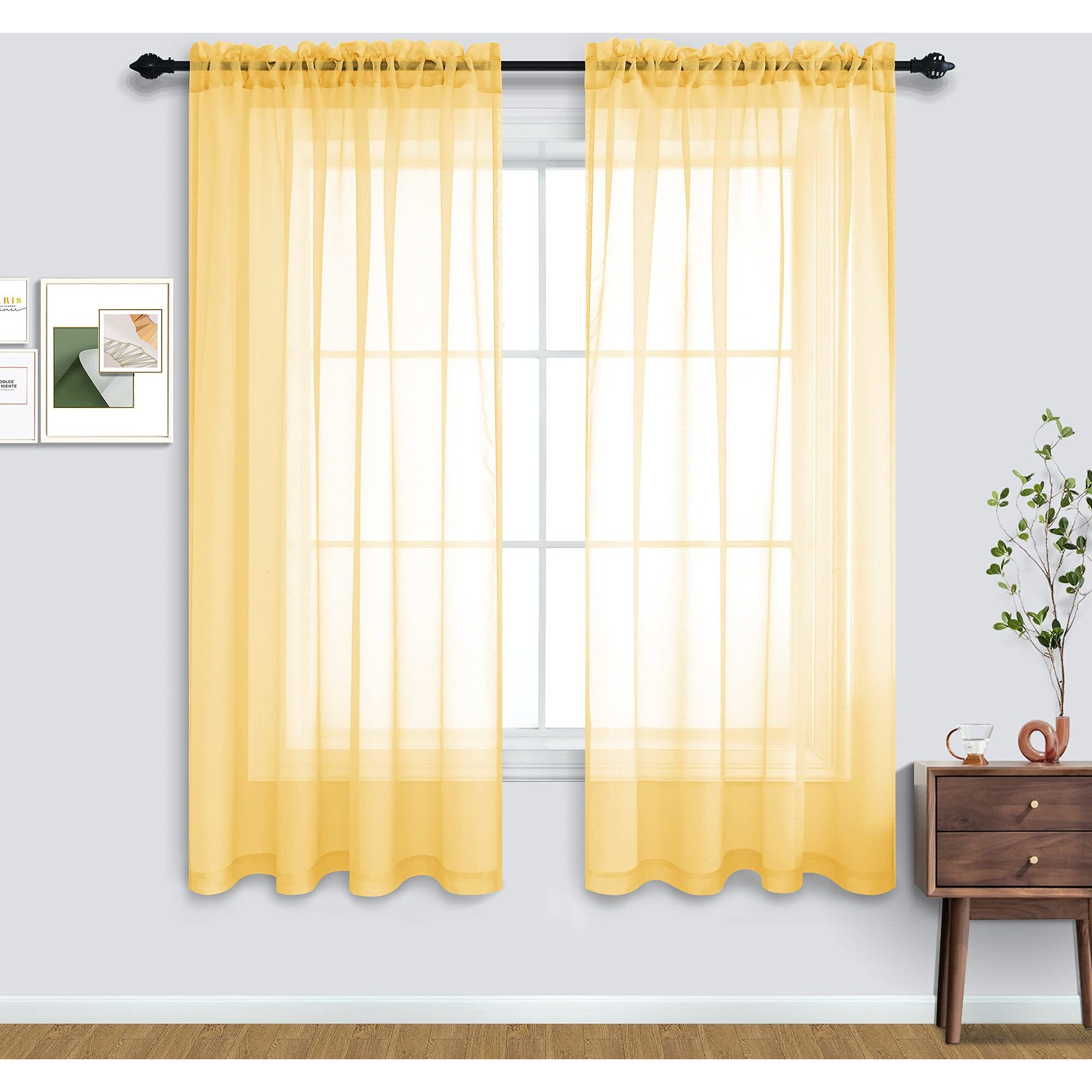 2 Panels Set Yellow Sheer Curtains 63 Inch Length For Bedroom Rod Pocket Voile Sheer Drapes For Living Room 52X63 Inches Long