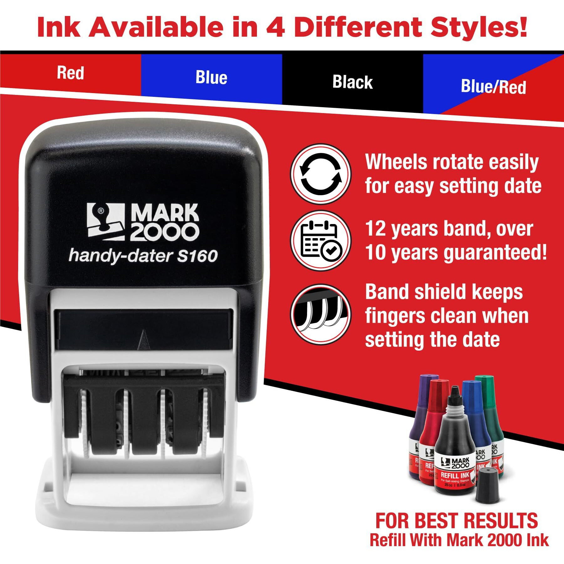 Mark 2000 Self-Inking Rubber Date Office Stamp With Mailed Phrase Blue Ink & Date Red Ink (Handy-Dater S160)  12-Year Band