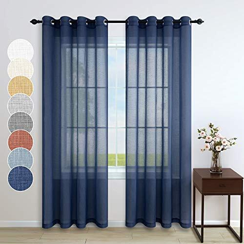 Navy Blue Curtains 108 Inches Long For Living Room Window 2 Panels Set Grommet Drape Light Filtering Faux Linen Dark Blue Semi Sheer Curtain For Patio Sliding Glass Door Hall Parlor 52X108 Inch Length