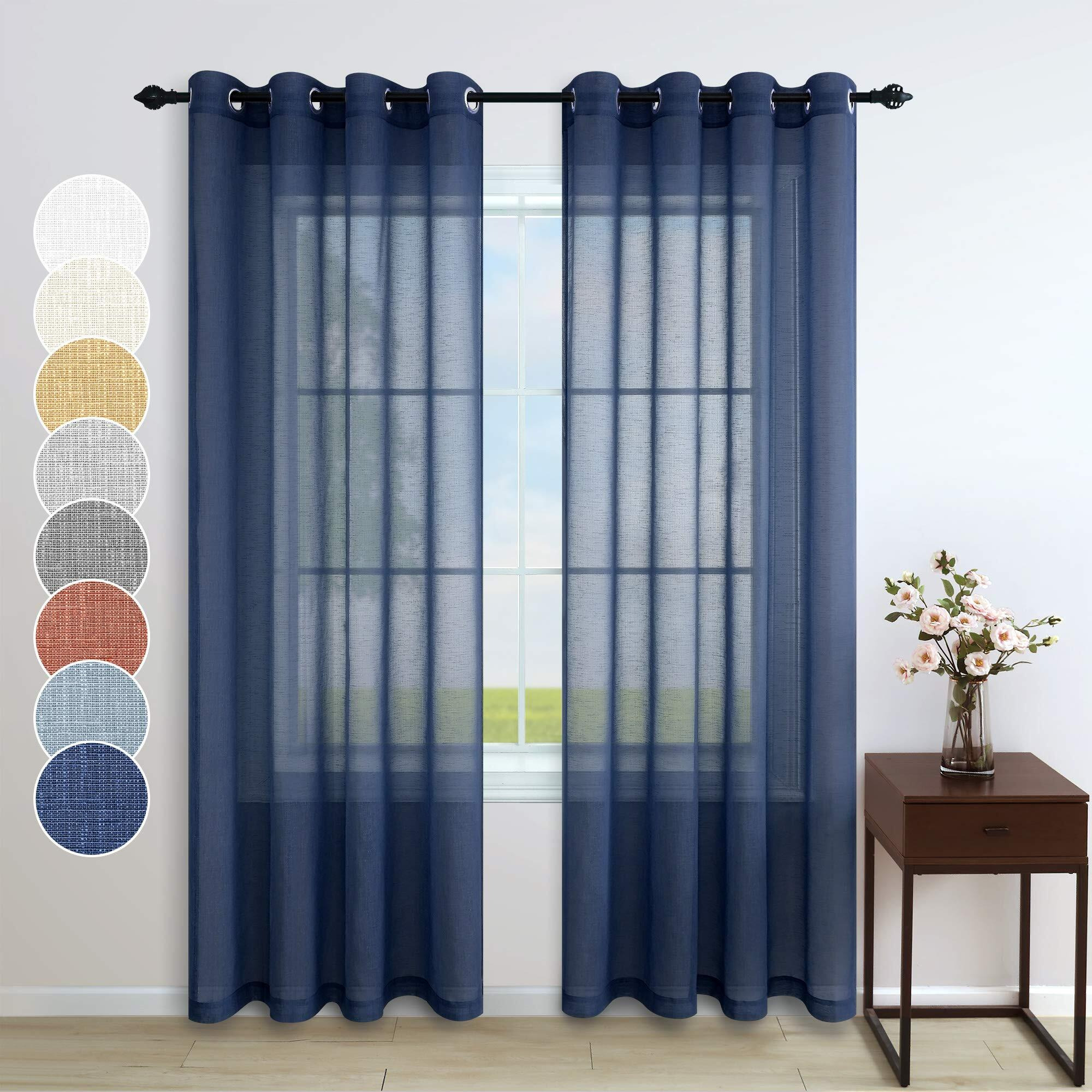 Navy Blue Curtains 108 Inches Long For Living Room Window 2 Panels Set Grommet Drape Light Filtering Faux Linen Dark Blue Semi Sheer Curtain For Patio Sliding Glass Door Hall Parlor 52X108 Inch Length