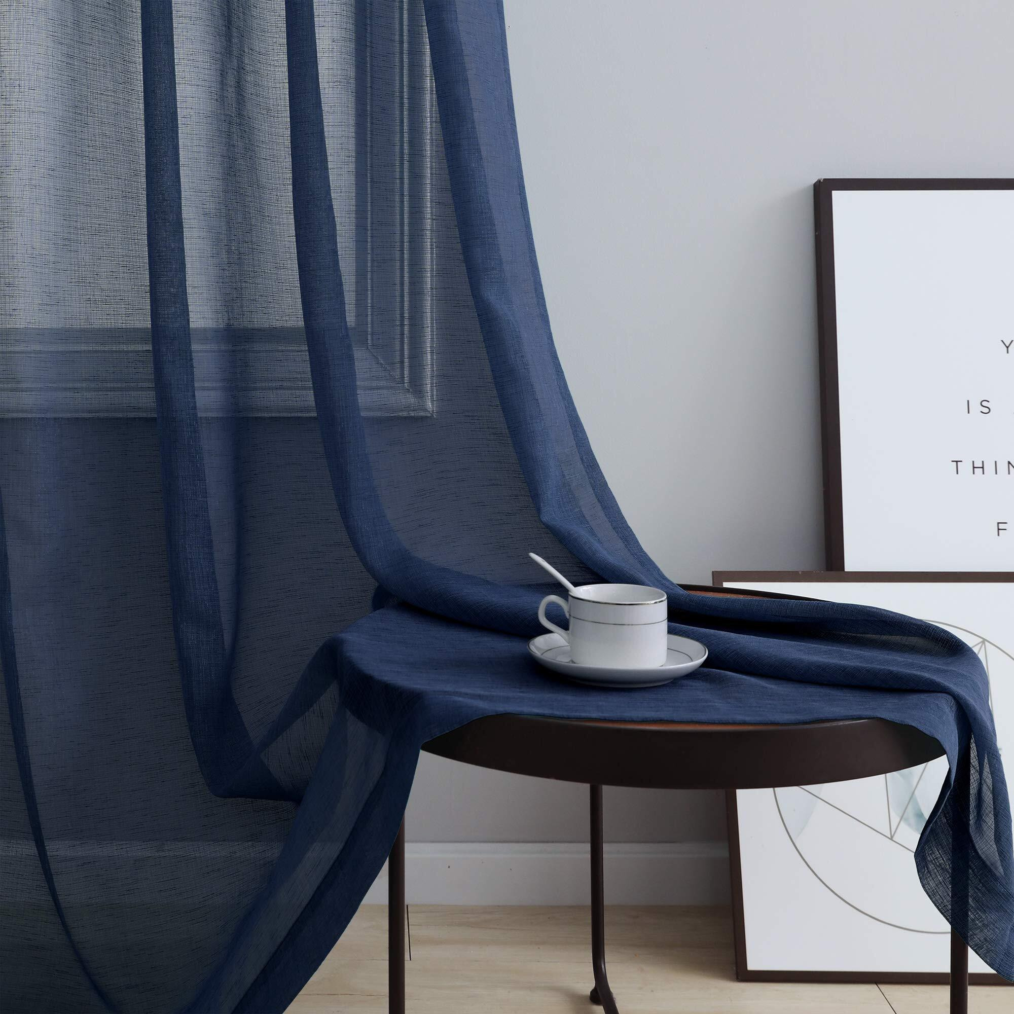 Navy Blue Curtains 108 Inches Long For Living Room Window 2 Panels Set Grommet Drape Light Filtering Faux Linen Dark Blue Semi Sheer Curtain For Patio Sliding Glass Door Hall Parlor 52X108 Inch Length