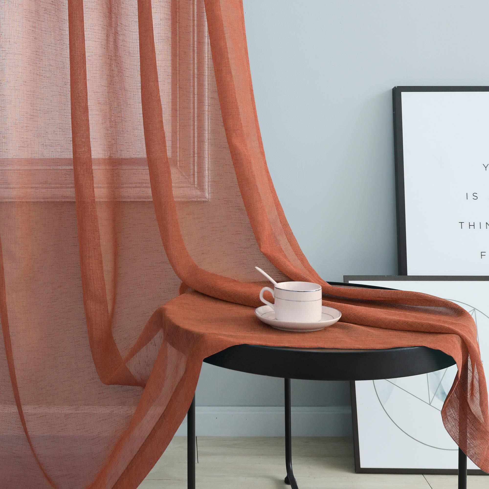 Terracotta Sheer Curtains 38 Inch Wide For Small Window 2 Panel Sets Grommet Elegant Faux Linen Textured Cafe Tier Narrow Curtains For Side Windows Kitchen Door Width 38 X 45 Inch Length Rust