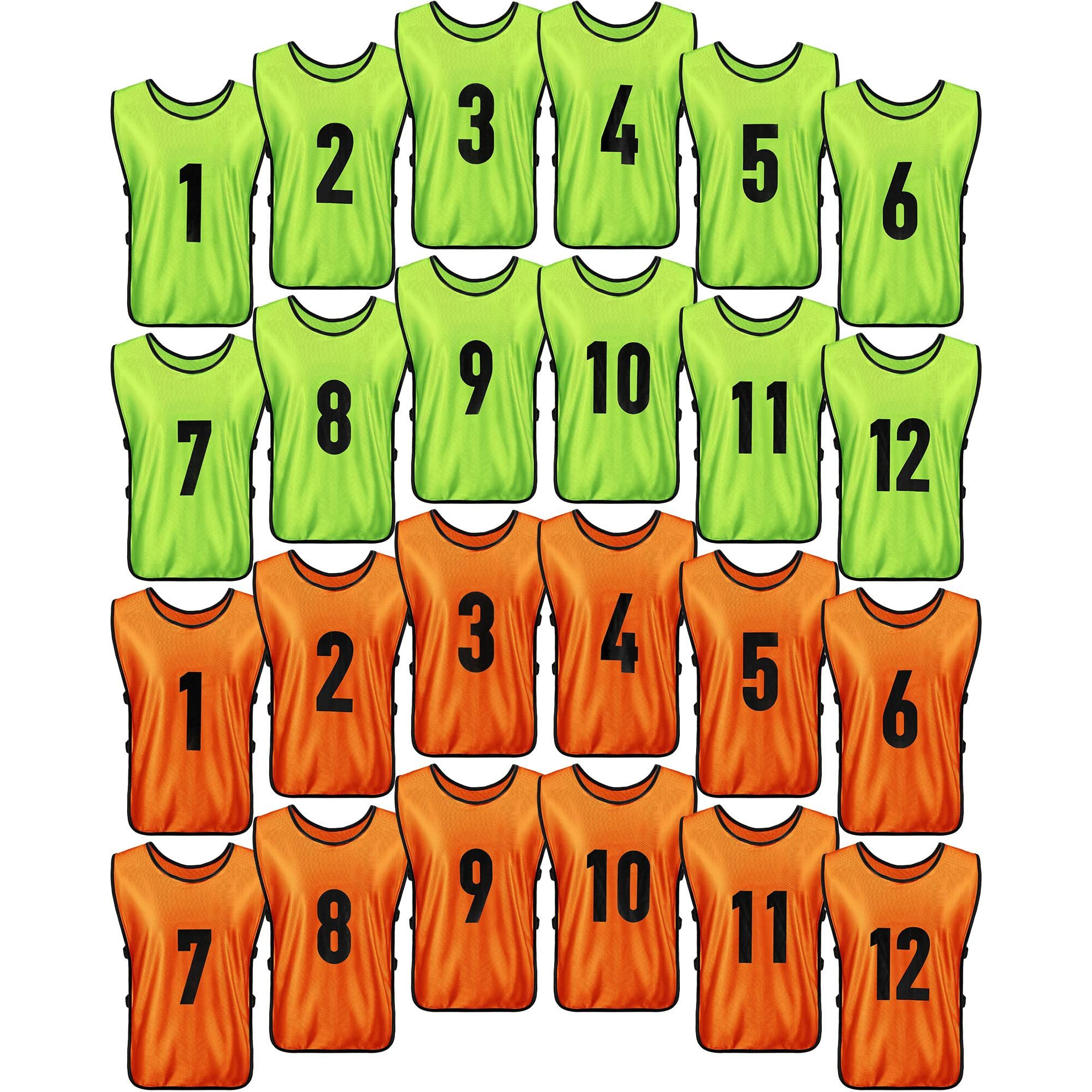 Yahenda 24 Pcs Sports Pinnies Soccer Scrimmage Practice Vests Numbered Soccer Team Pennies With Belt For Adult(Large Green  Orange)