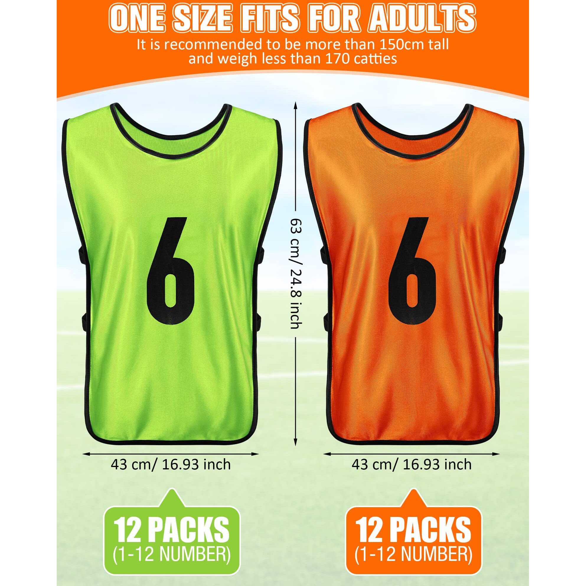 Yahenda 24 Pcs Sports Pinnies Soccer Scrimmage Practice Vests Numbered Soccer Team Pennies With Belt For Adult(Large Green  Orange)
