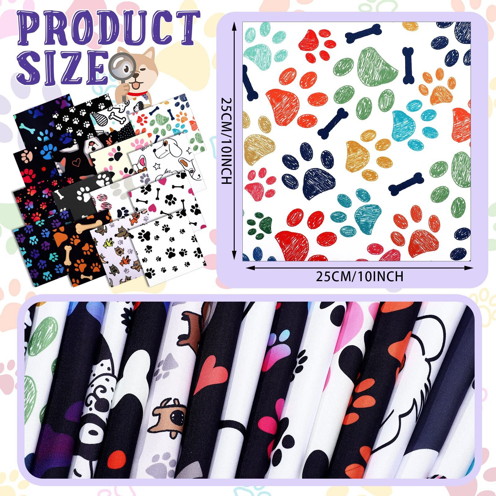 Tudomro 16 Piece 10 X 10 Inch Cute Dog Bone Paws Fabric Animal Footprint Puppy Printed Decorative Fabric Bone Paw Playful Pattern For Dog Lover Diy Quilting Sewing Crafting
