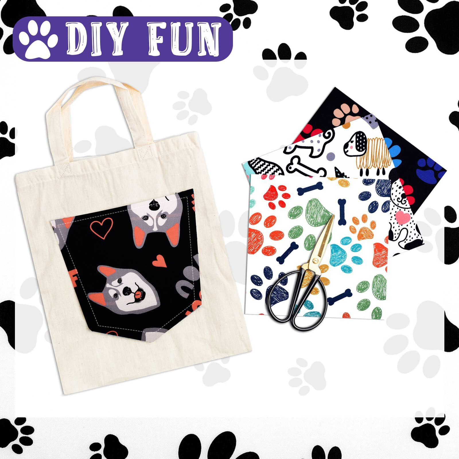 Tudomro 16 Piece 10 X 10 Inch Cute Dog Bone Paws Fabric Animal Footprint Puppy Printed Decorative Fabric Bone Paw Playful Pattern For Dog Lover Diy Quilting Sewing Crafting