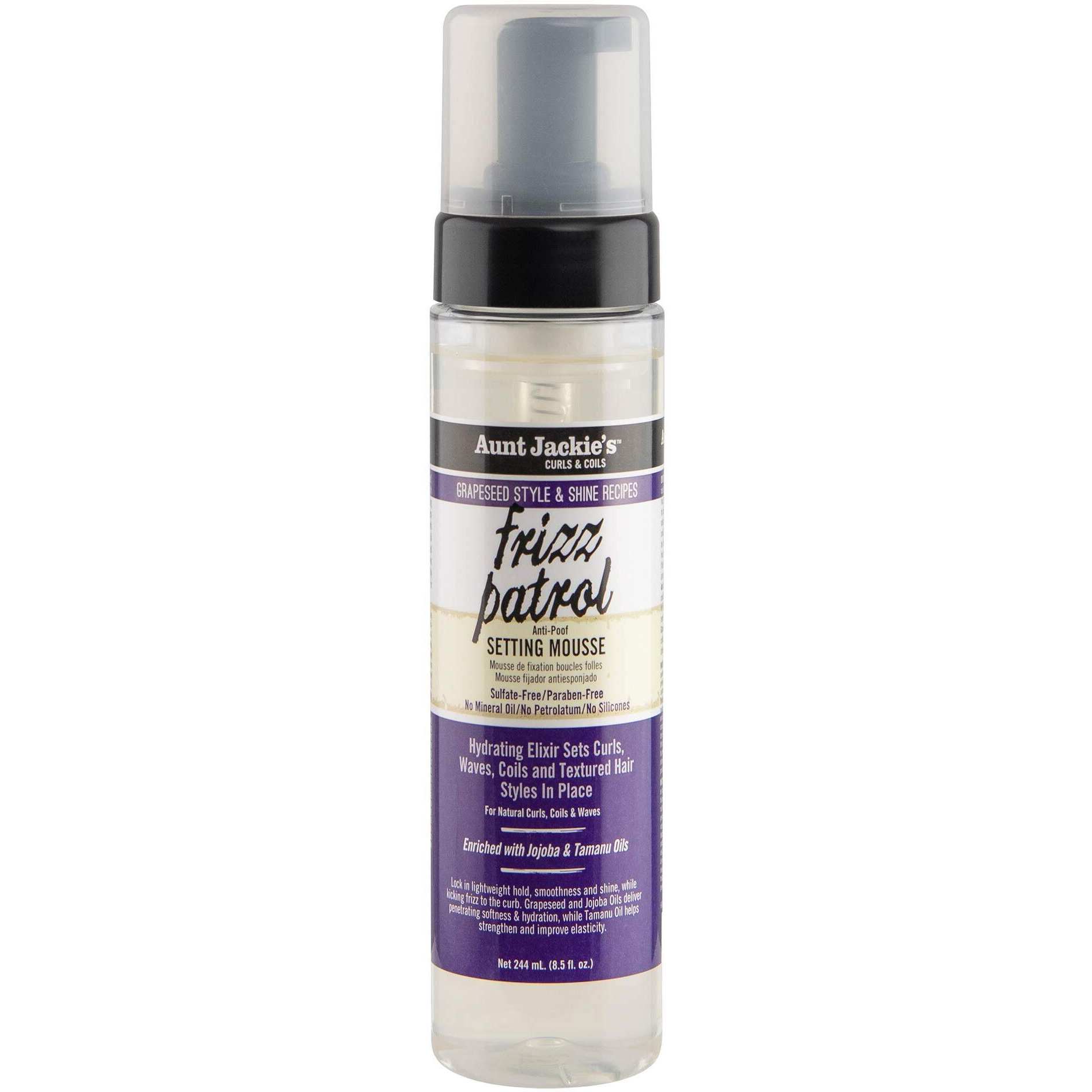 Aunt Jackie's Grapeseed Style And Shine Recipes Frizz Patrol Anti-Poof Setting Hair Mousse  Sets Curly Hair Styles In Place Purple Fl.Oz 8.5 Ounce