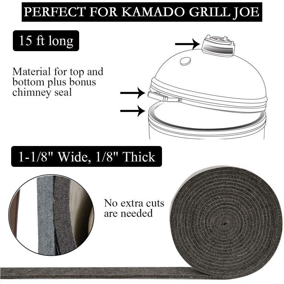 Kamaster High Temp Grill Gasket Replacement Fit Kamado Grill Classic Bbq Smoker Gasket For Kamado Grill Big Pre-Shrunk Accessories Self Stick Felt 15Ft Long  9/8"" Wide  1/8"" Thick