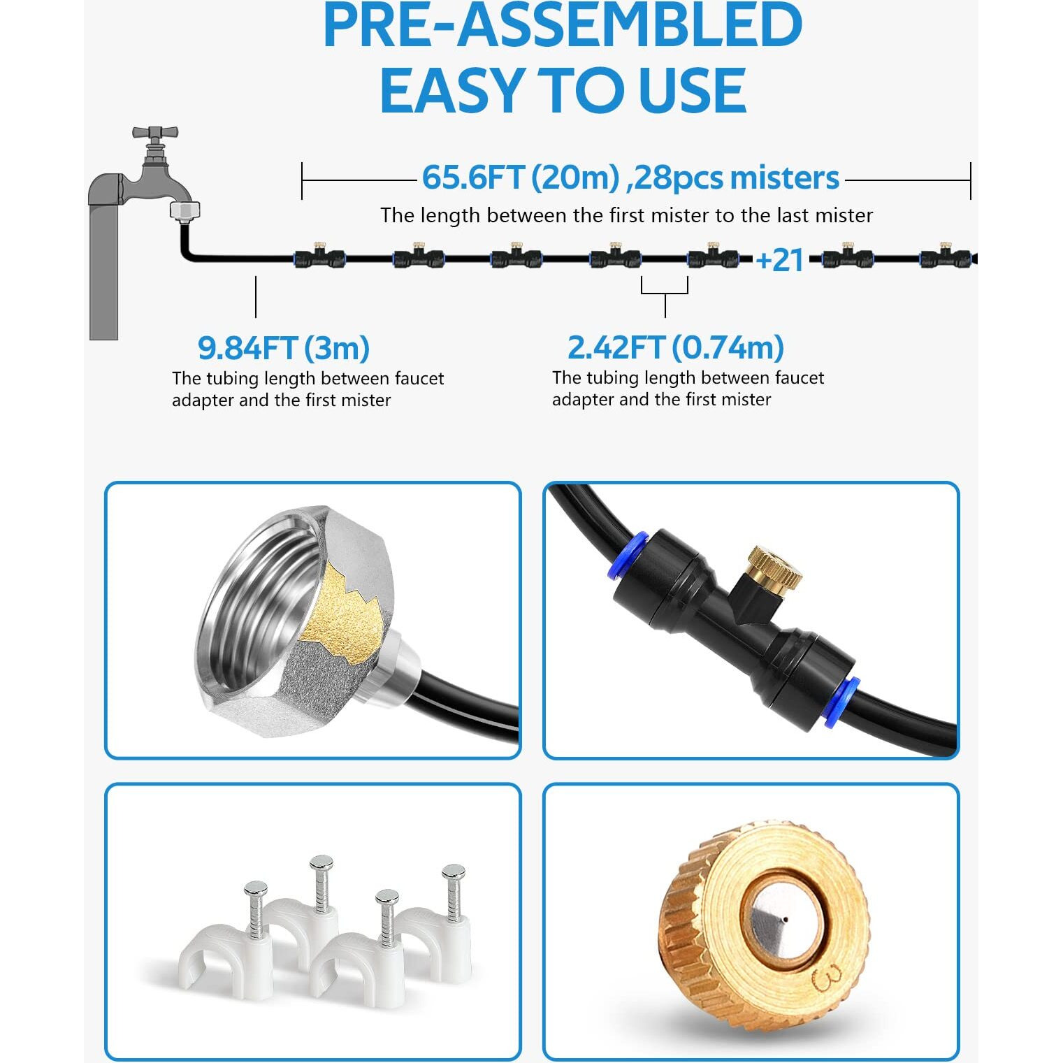Homenote Misting Cooling System 75Ft (23M) Misting Line + 28 Brass Mist Nozzles + Brass Adapter(3/4 "") Outdoor Mister For Patio Backyard Garden Greenhouse Watering
