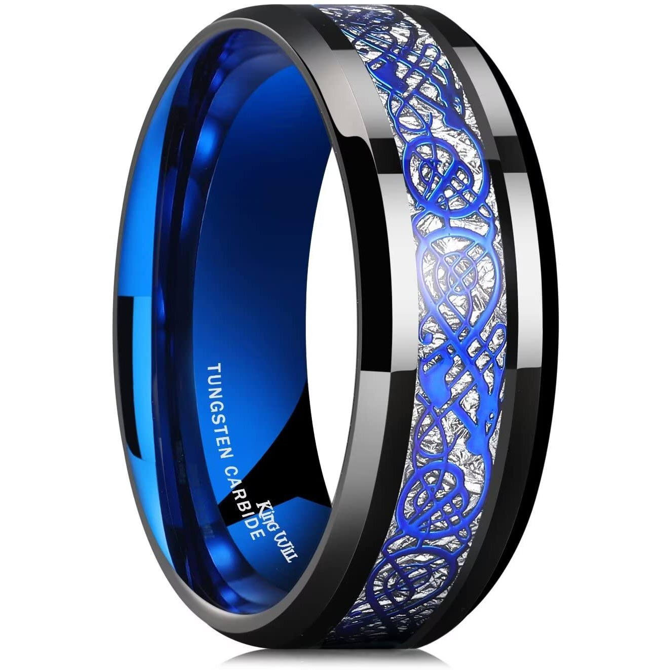 King Will Dragon Mens Black Tungsten Carbide Ring 8Mm Blue Celtic Dragon Wedding Band Comfort Fit High Polished(13)